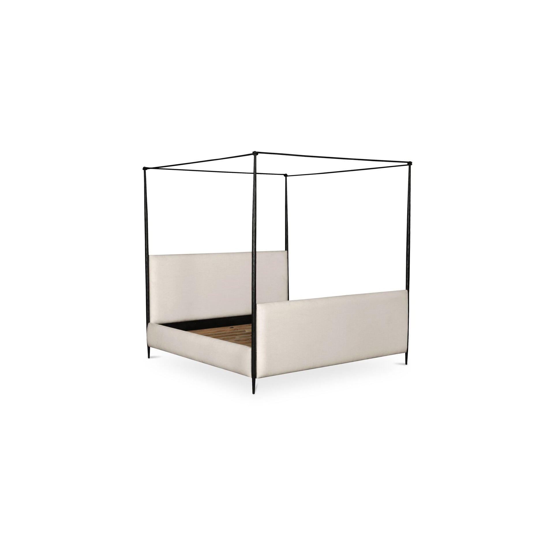 Fenner King Canopy Bed, Bowed Canopy Frame, Hammered Iron, Polyester Upholstery, No Box Spring Needed, Beige