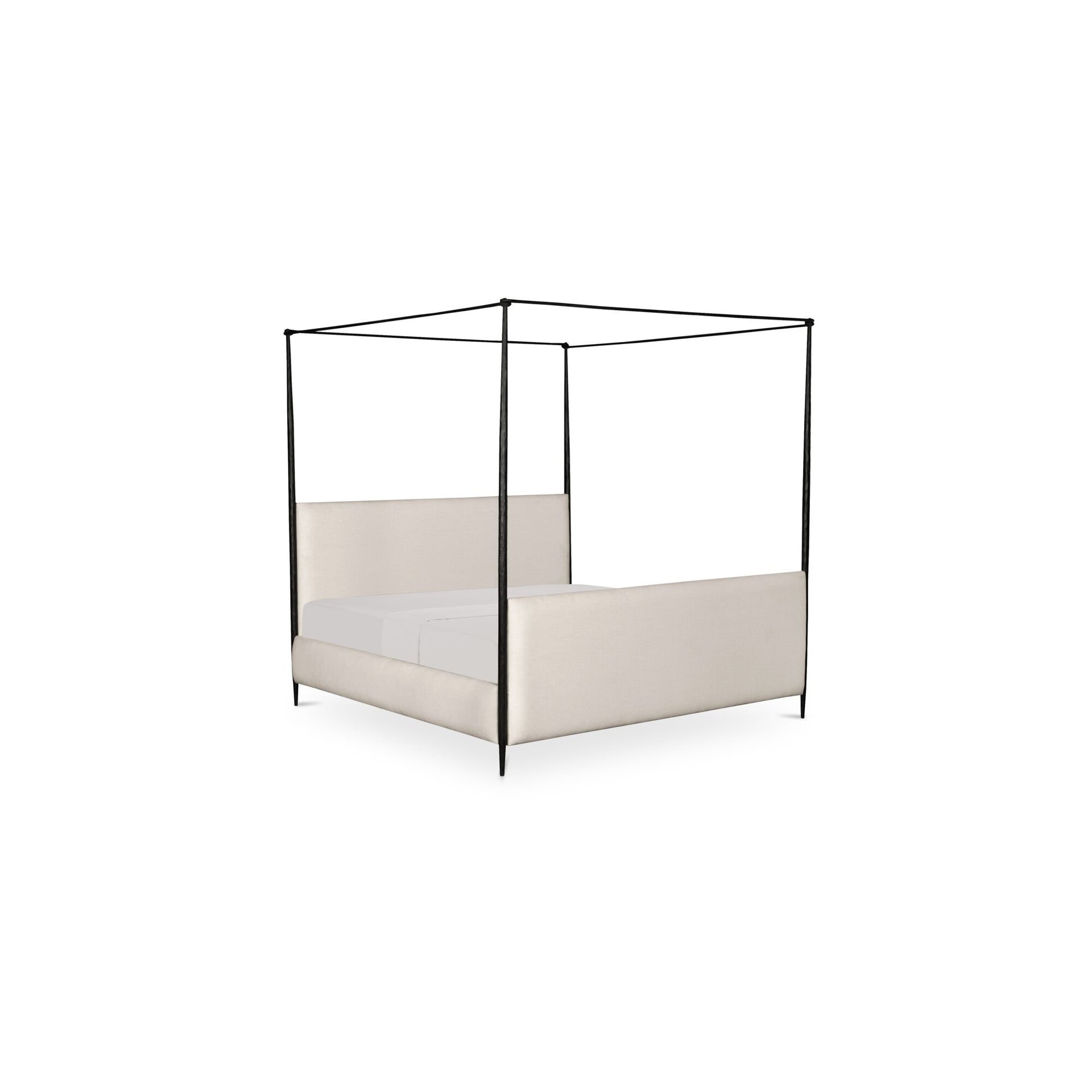 Fenner Queen Canopy Bed, Bowed Canopy Frame, Hammered Iron, Polyester Upholstery, No Box Spring Needed, Beige