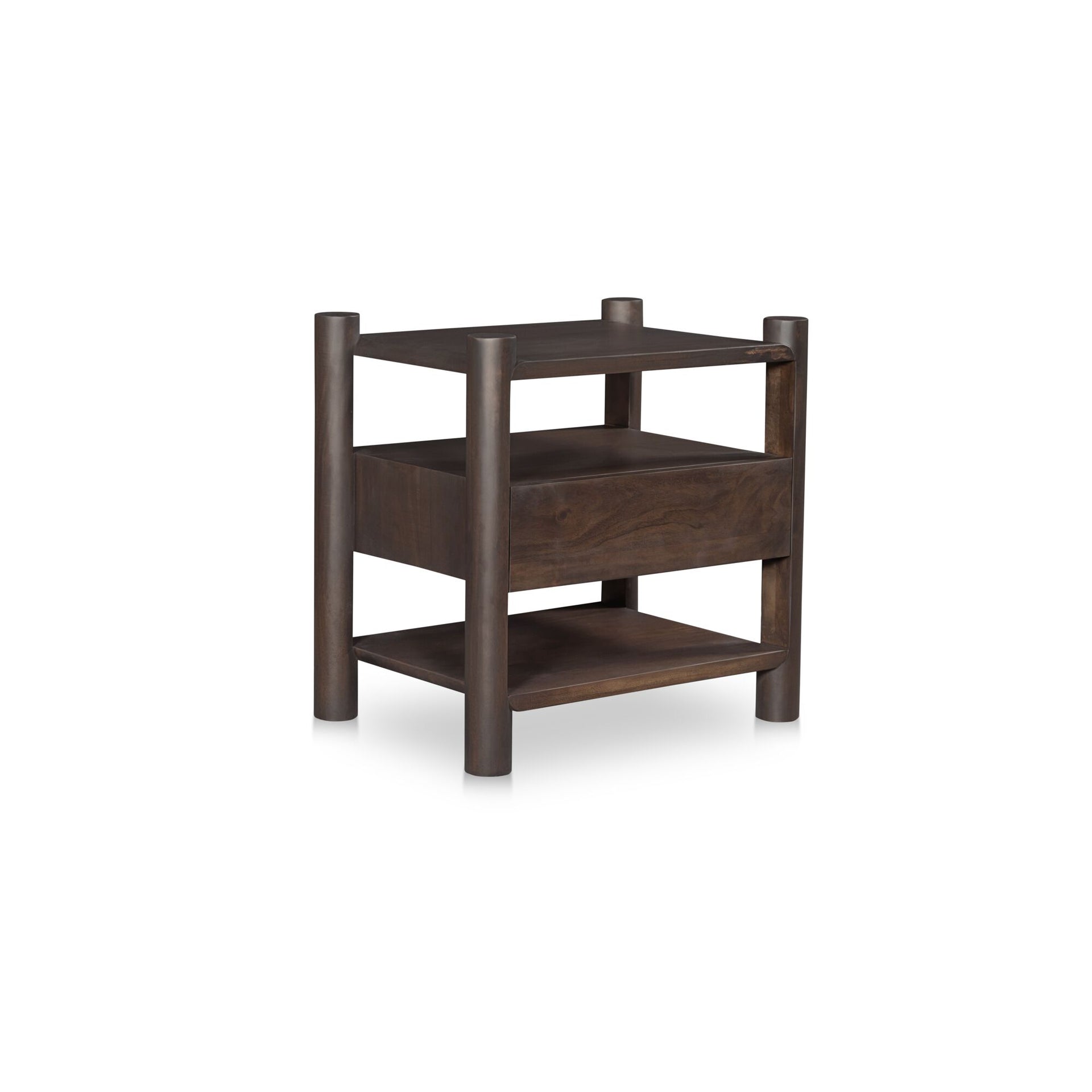 Solenis Nightstand, Solid Acacia Wood, Cross Joinery, Open and Closed Storage, Single Drawer, Brown