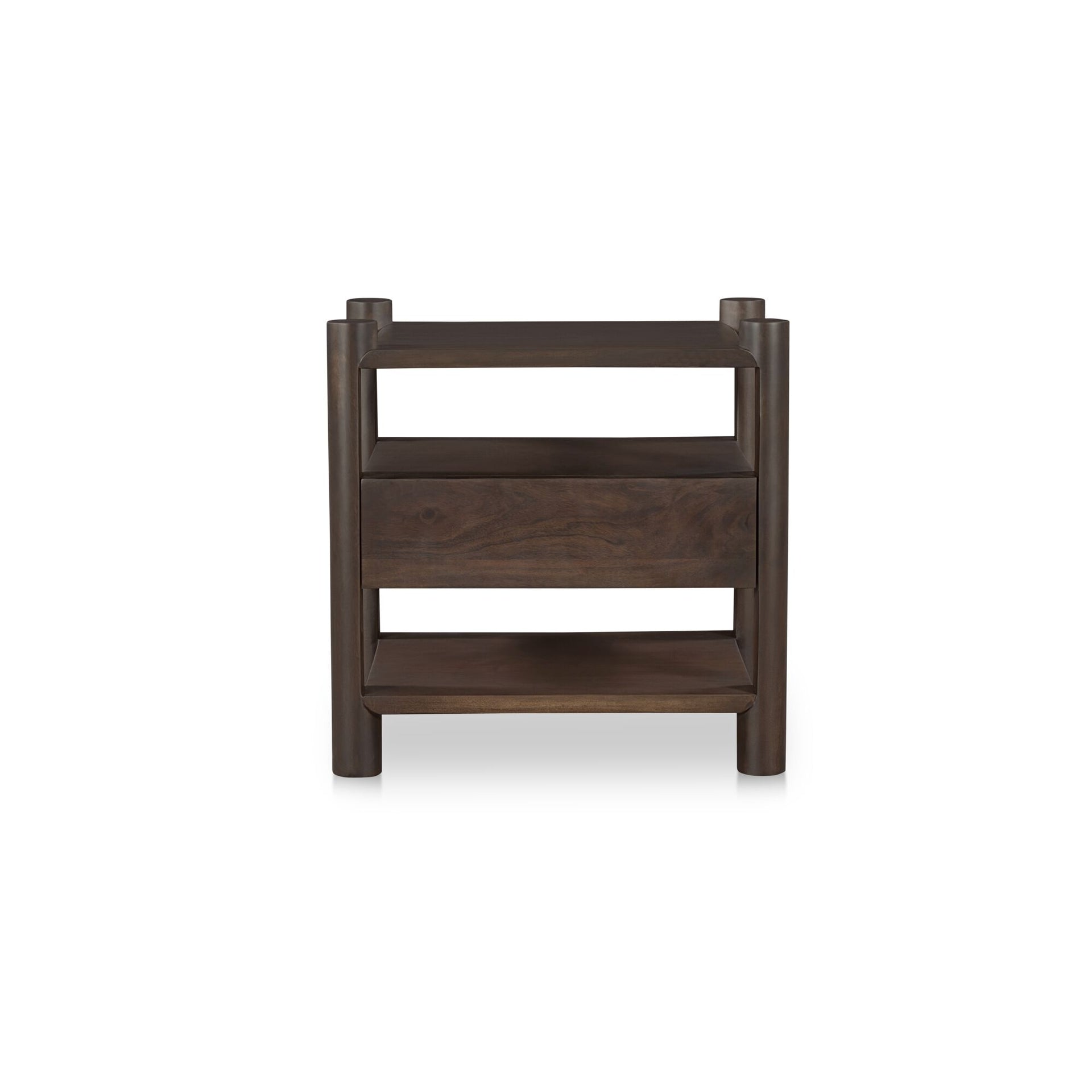 Solenis Nightstand, Solid Acacia Wood, Cross Joinery, Open and Closed Storage, Single Drawer, Brown