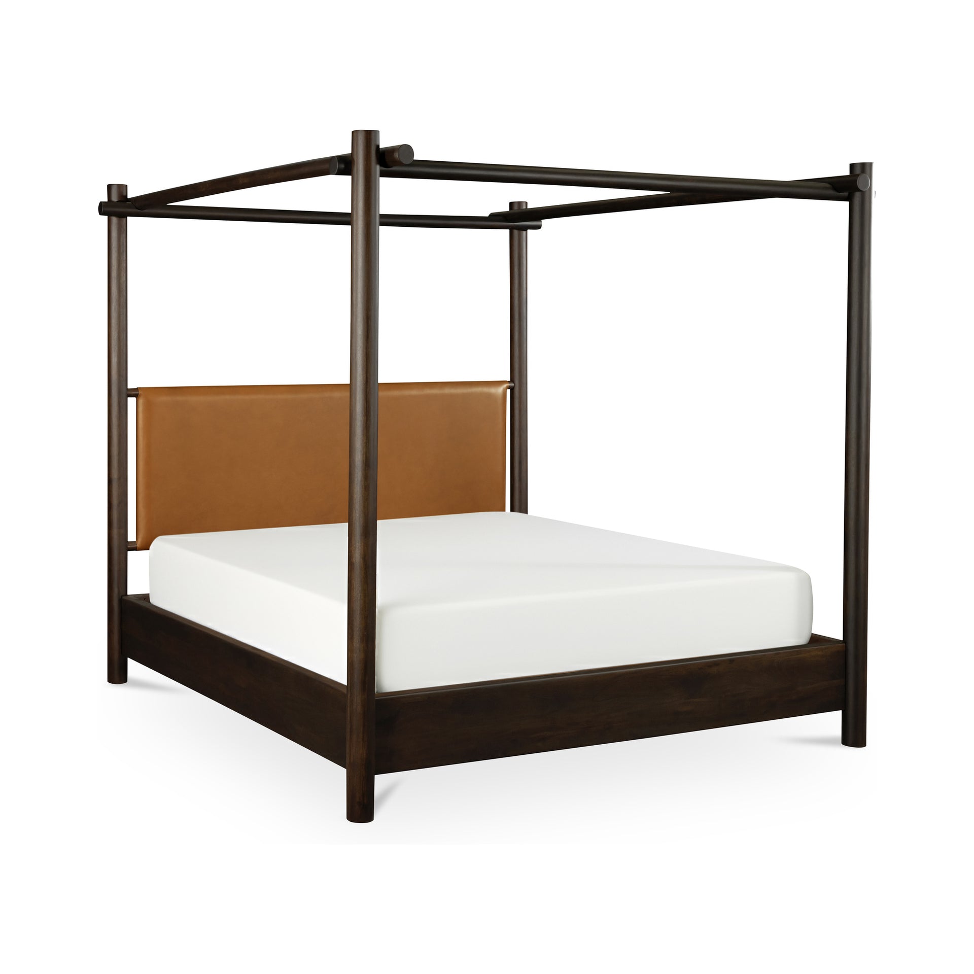 Solenis Queen Canopy Bed, Solid Acacia Wood, Leather Headboard, Cross Joinery, No Box Spring Needed, Brown