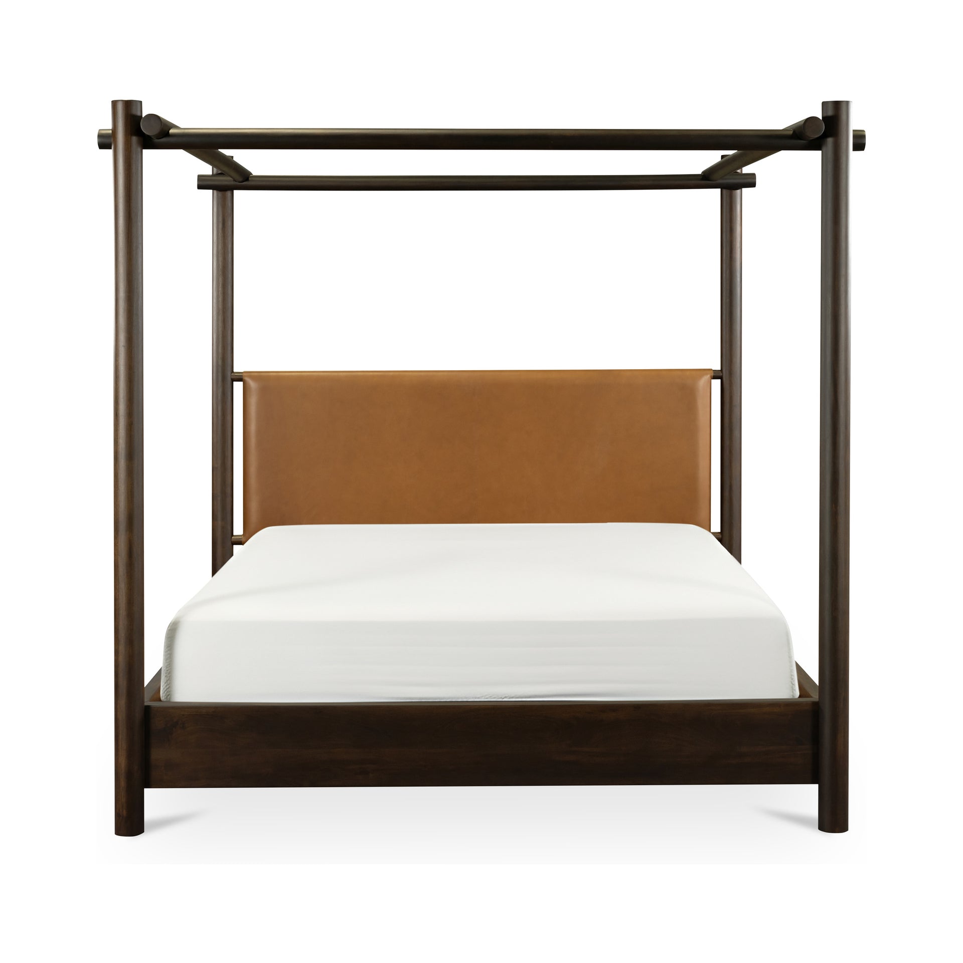 Solenis Queen Canopy Bed, Solid Acacia Wood, Leather Headboard, Cross Joinery, No Box Spring Needed, Brown
