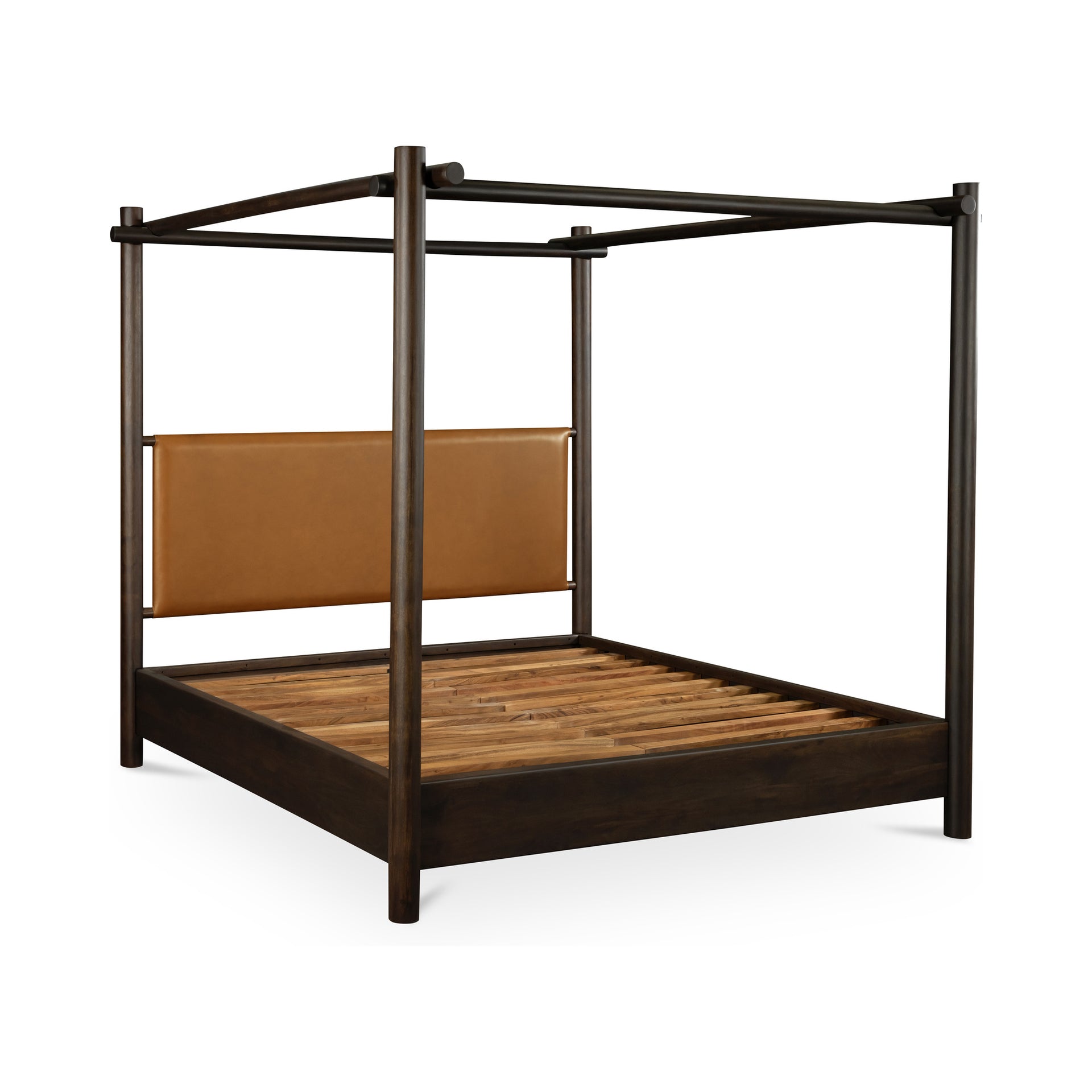 Solenis King Canopy Bed, Solid Acacia Wood, Leather Headboard, Cross Joinery, No Box Spring Needed, Brown