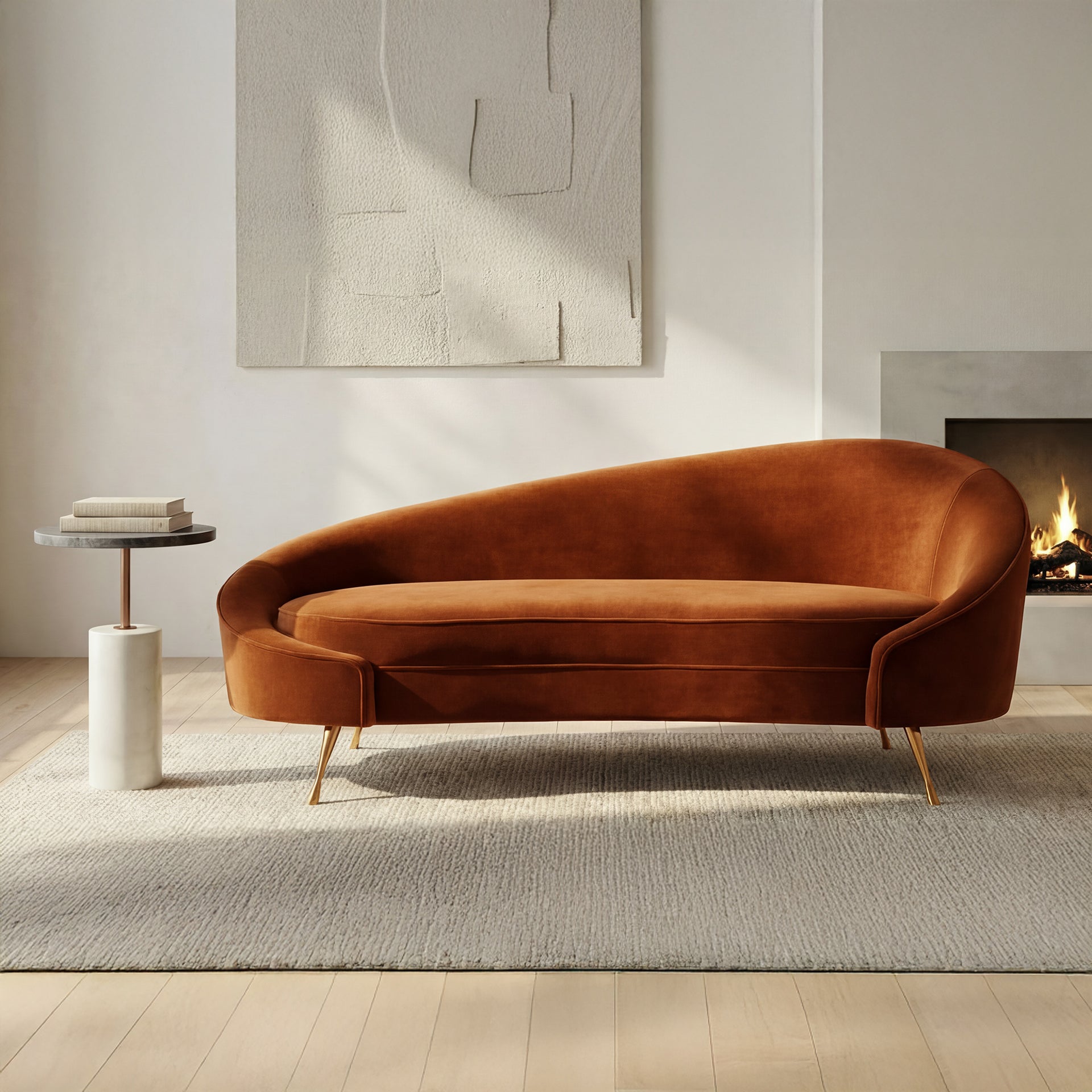 Gail Chaise, Velvety Orange Polyester Upholstery with Golden Stainless Steel Legs, Seats 2