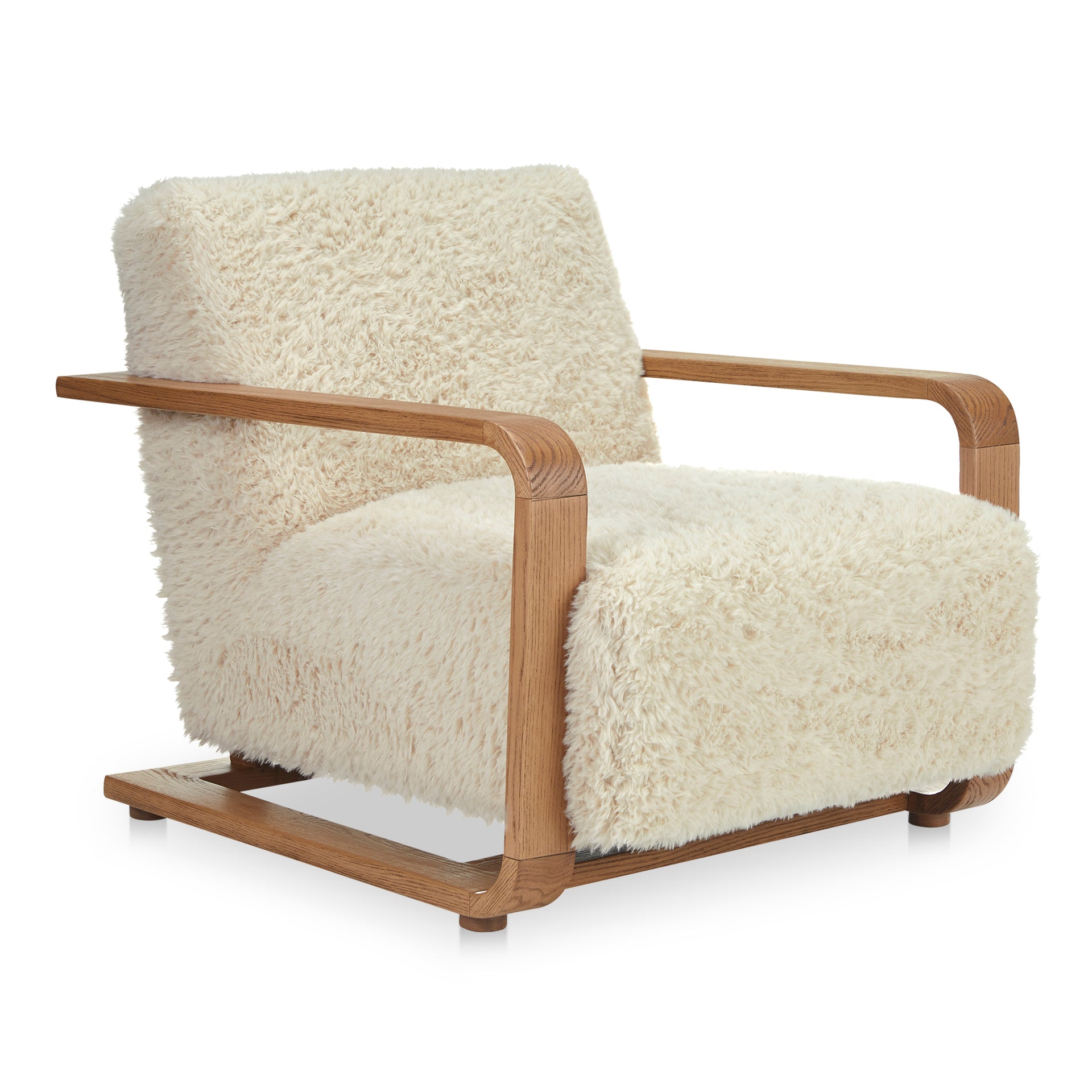 Joseph Occasional Chair, Modern Faux Fur Upholstery, Solid Oak Frame, Cream
