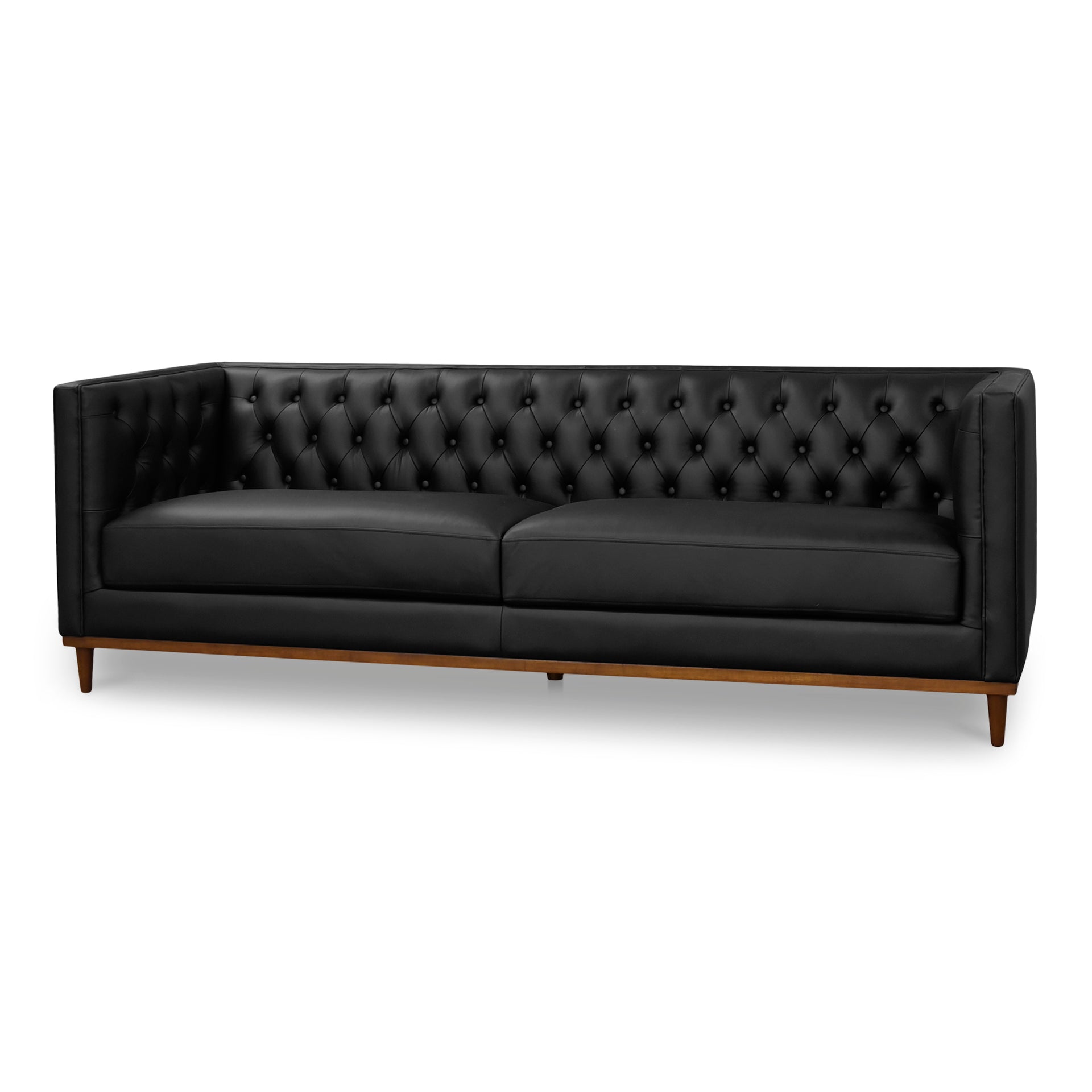 Romanov Sofa, Brazilian Top-Grain Leather Upholstery, Foam & Fiber Cushions, Walnut Finish Base, Black