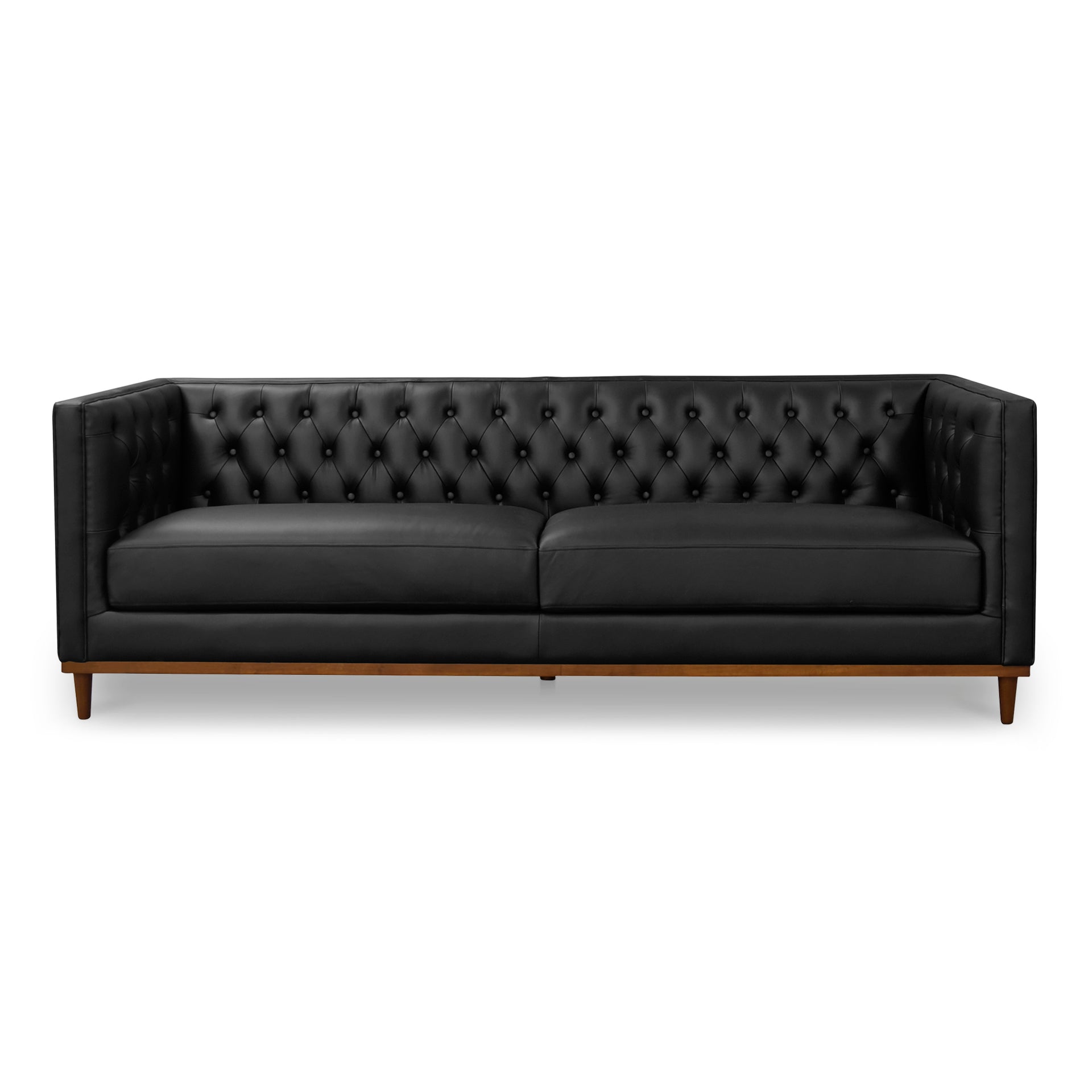 Romanov Sofa, Brazilian Top-Grain Leather Upholstery, Foam & Fiber Cushions, Walnut Finish Base, Black