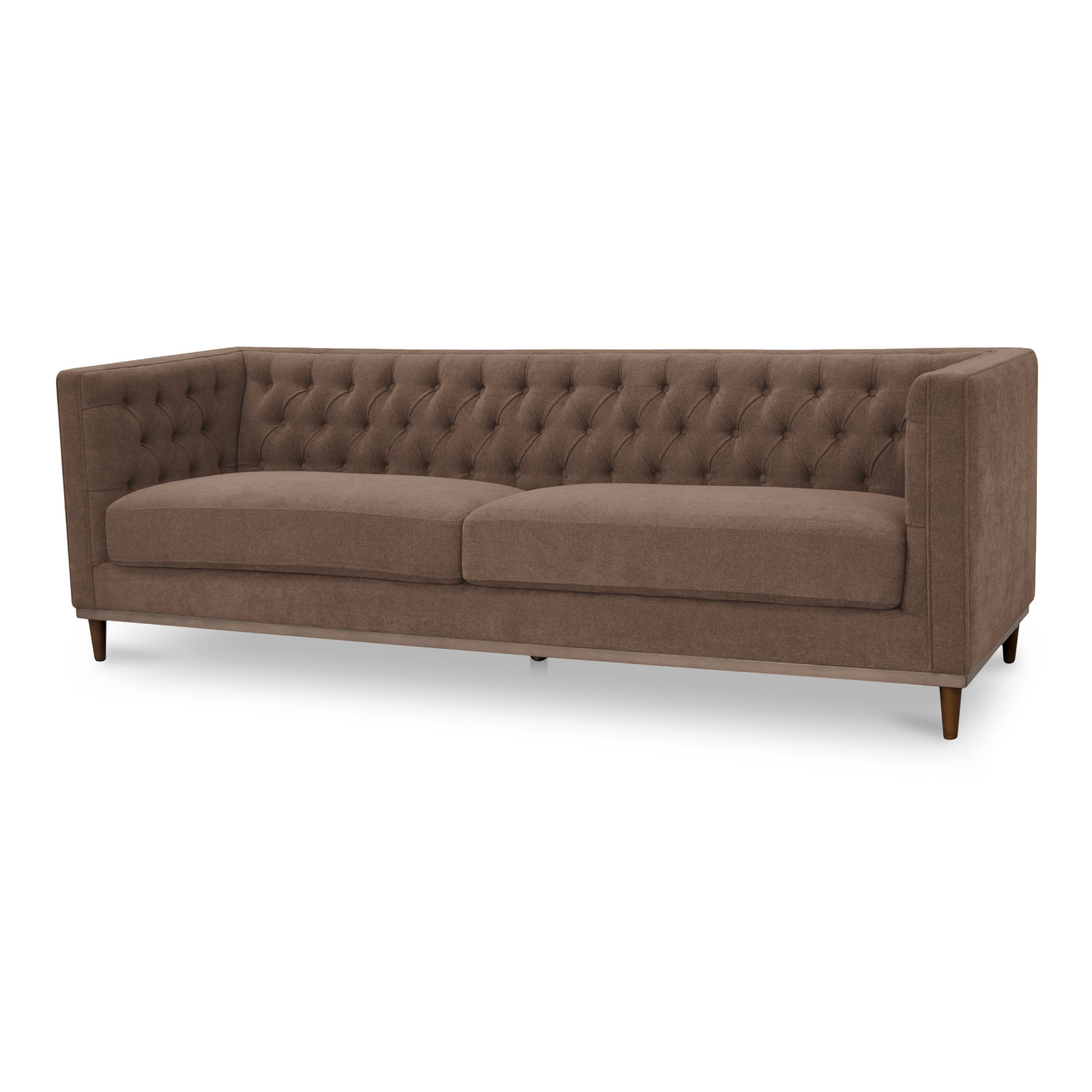 Romanov Sofa, Performance Fabric Upholstery, Foam & Fiber Cushions, Walnut Finish Base, Cool Brown