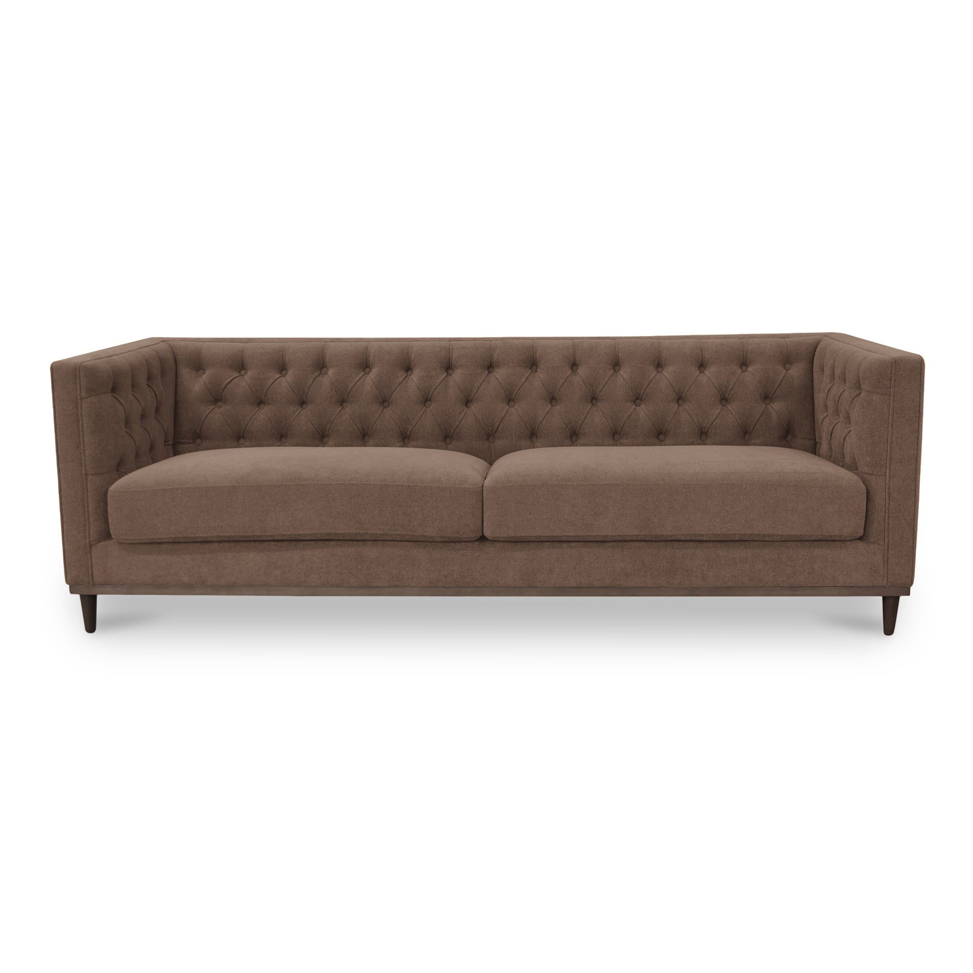 Romanov Sofa, Performance Fabric Upholstery, Foam & Fiber Cushions, Walnut Finish Base, Cool Brown