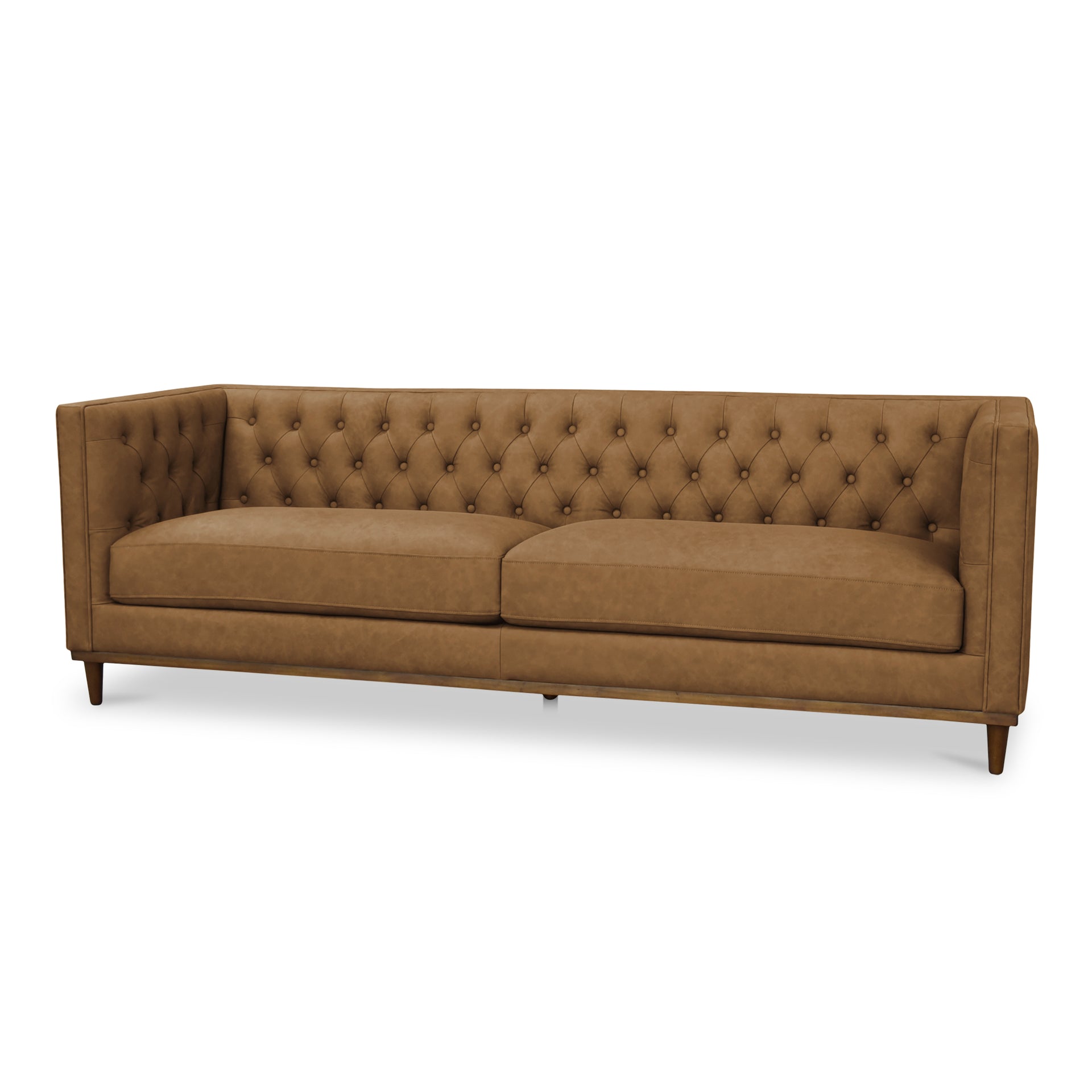 Romanov Sofa, Brazilian Top-Grain Leather Upholstery, Foam & Fiber Cushions, Walnut Finish Base, Tan