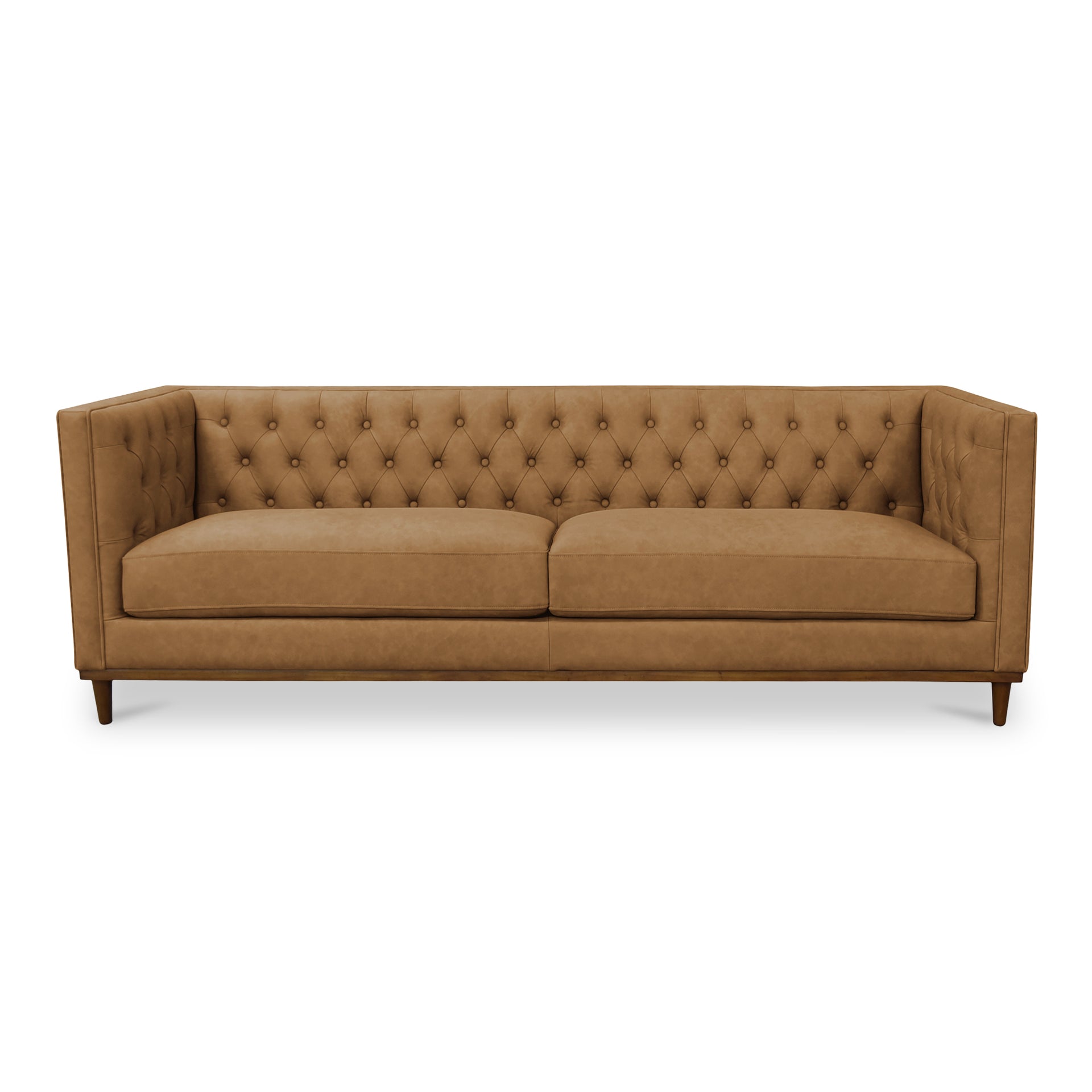 Romanov Sofa, Brazilian Top-Grain Leather Upholstery, Foam & Fiber Cushions, Walnut Finish Base, Tan