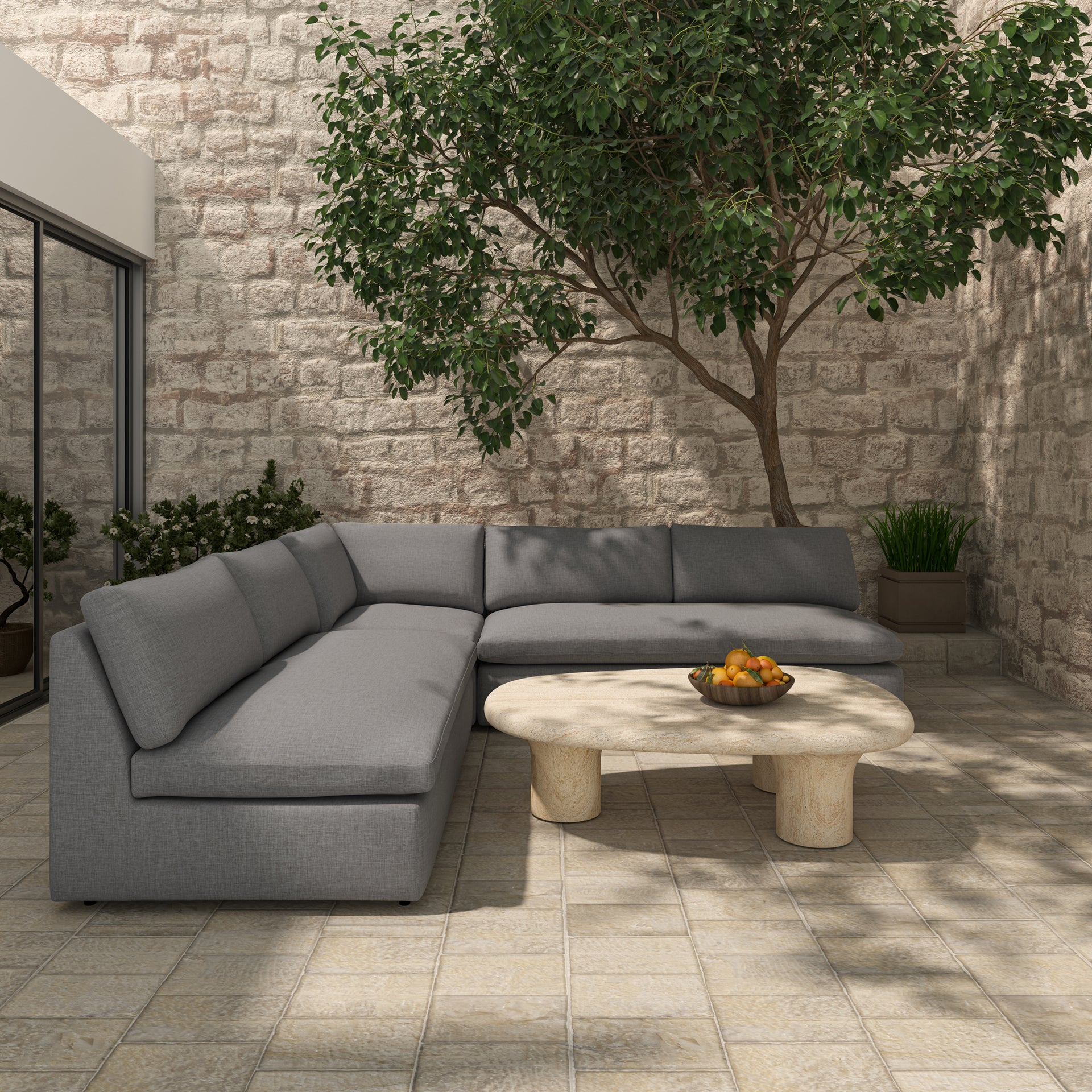 Odessa Outdoor Modular Sectional, 5-Piece Set, Weather-Resistant Performance Fabric, Speckled Design, Quick-Dry Foam, Aluminum Frame, Light Grey
