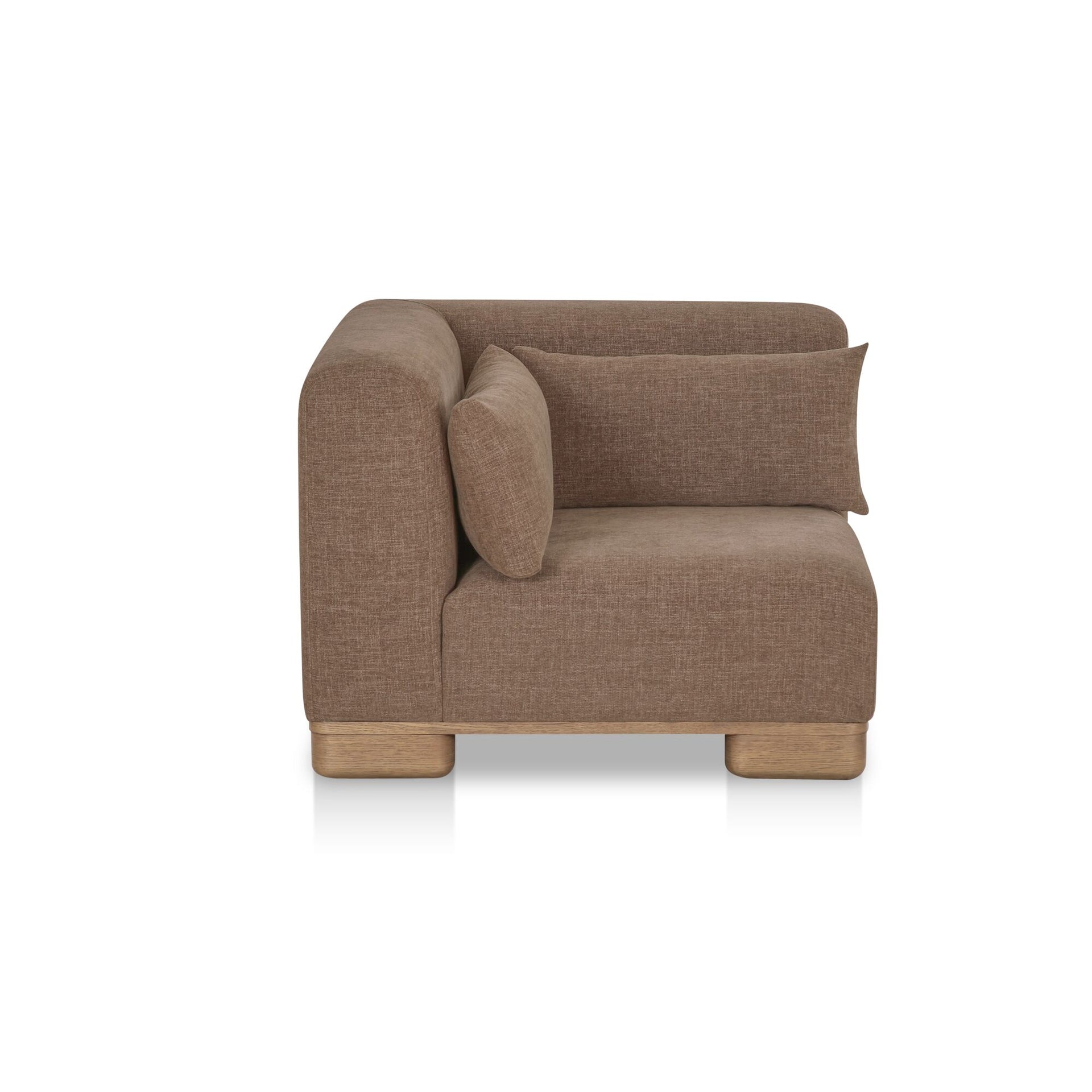 Quinlan Corner Chair, Polyester Upholstery, Oak Veneer Base, Modular Design, Foam Feather Fiber Fill, Dark Brown