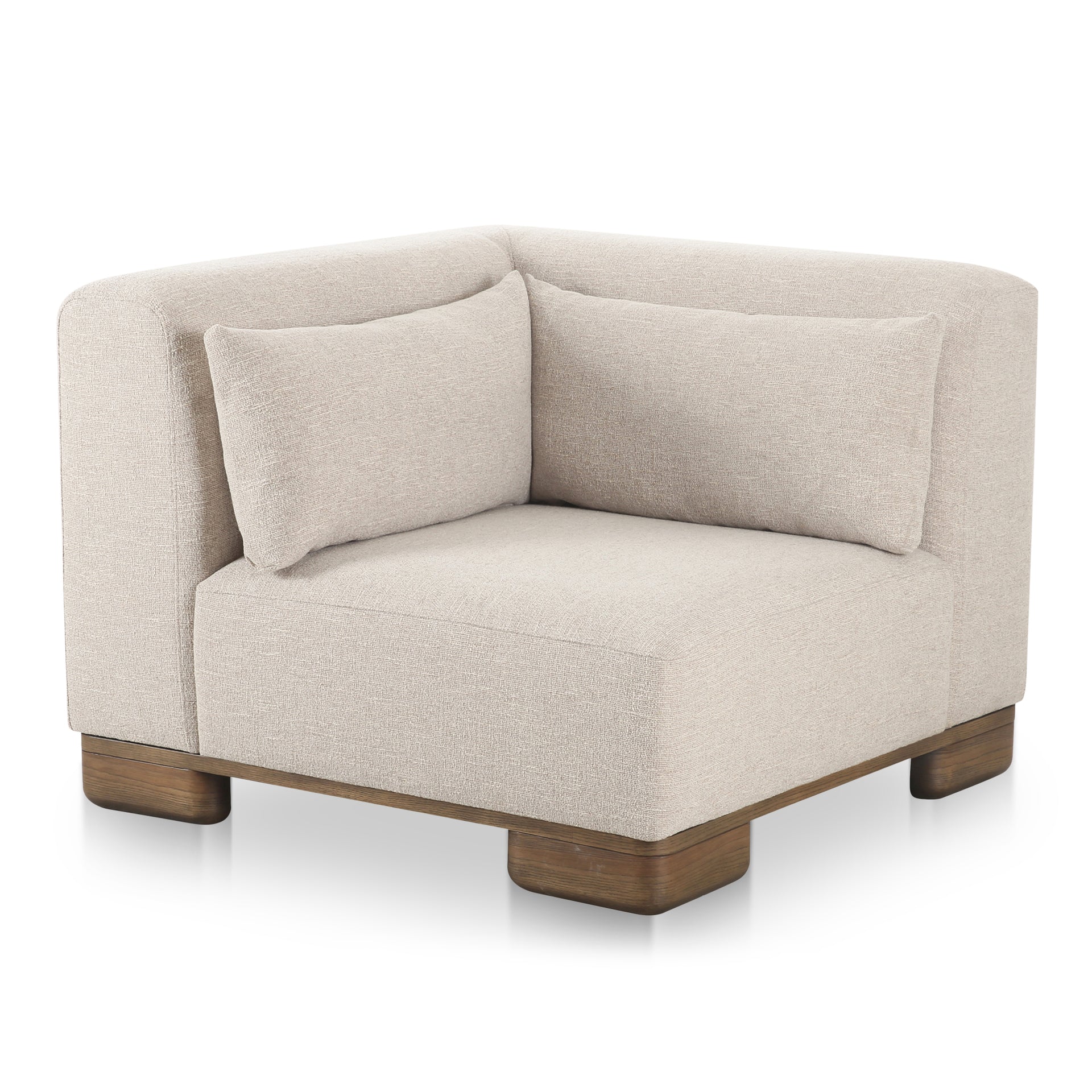 Quinlan Corner Chair, Performance Fabric Upholstery, Oak Veneer Base, Oatmeal Beige