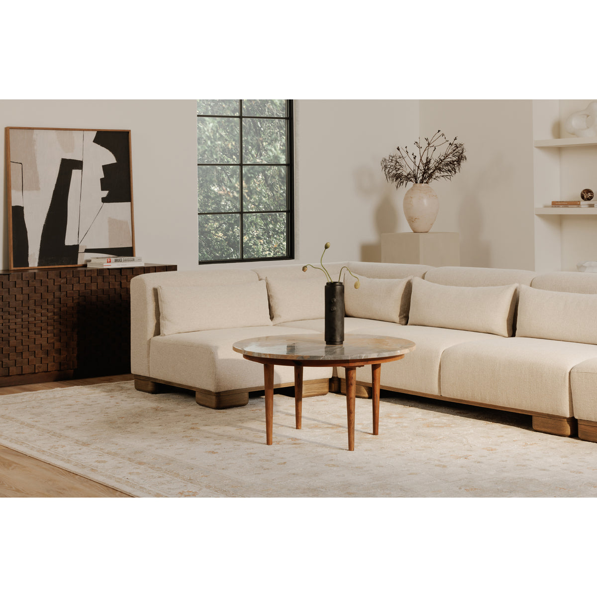 Quinlan Corner Chair, Performance Fabric Upholstery, Oak Veneer Base, Oatmeal Beige