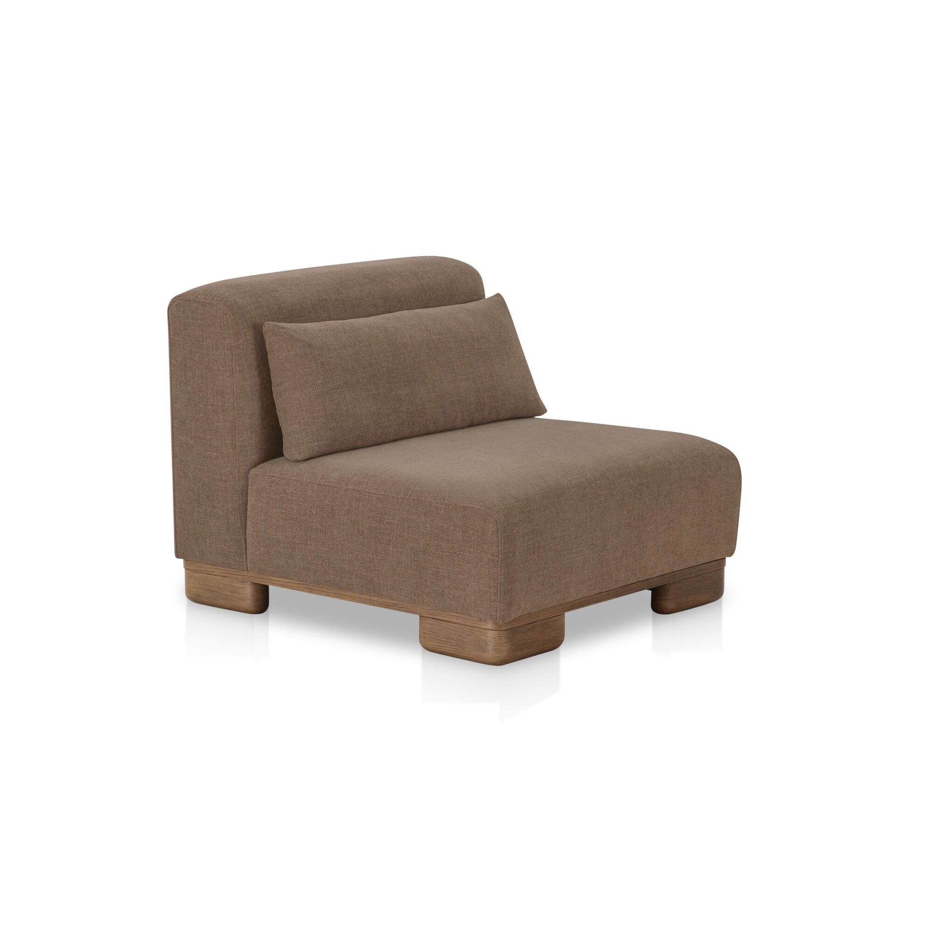 Quinlan Slipper Chair, Polyester Upholstery, Oak Veneer Base, Low-Profile Lounge, Foam Feather Fiber Fill, Dark Brown