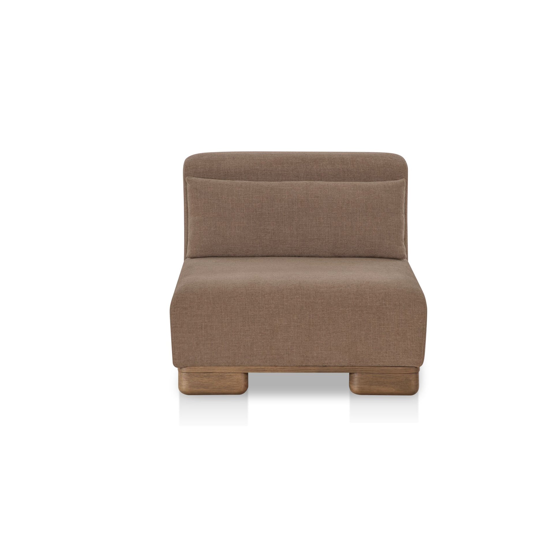 Quinlan Slipper Chair, Polyester Upholstery, Oak Veneer Base, Low-Profile Lounge, Foam Feather Fiber Fill, Dark Brown