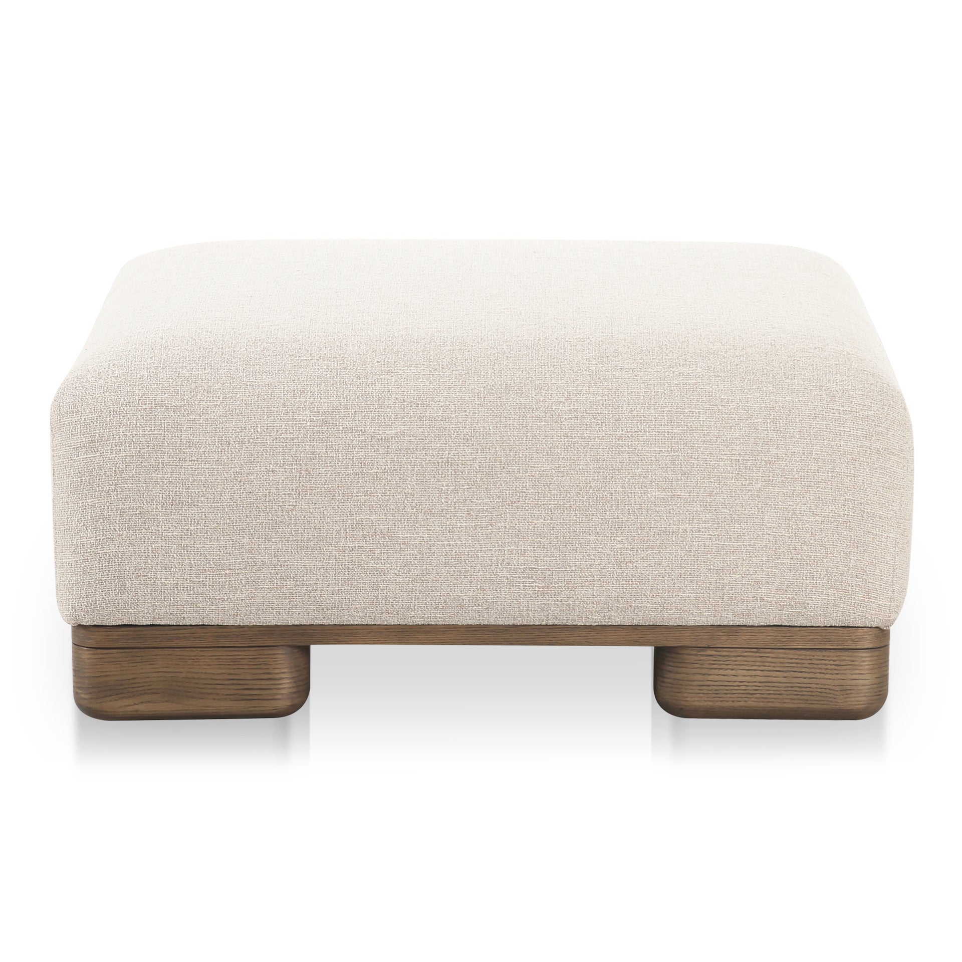 Quinlan Ottoman, Upholstered Performance Fabric, Oak Veneer Legs, Foam and Feather-Filled Cushion, Rustic Design, Oatmeal Beige