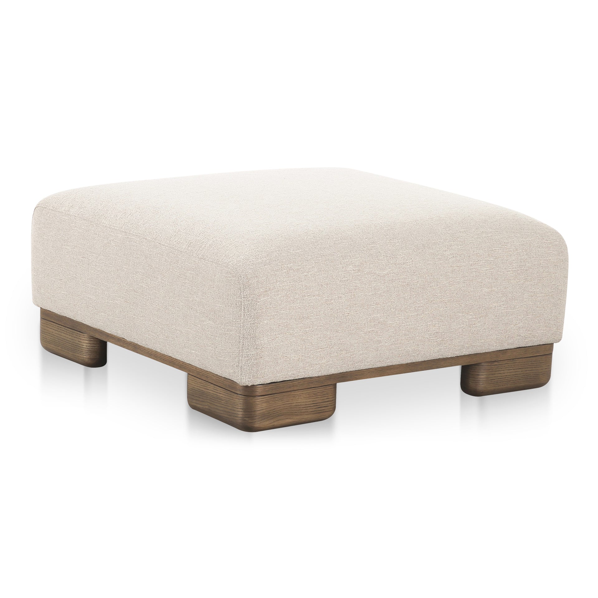 Quinlan Ottoman, Upholstered Performance Fabric, Oak Veneer Legs, Foam and Feather-Filled Cushion, Rustic Design, Oatmeal Beige