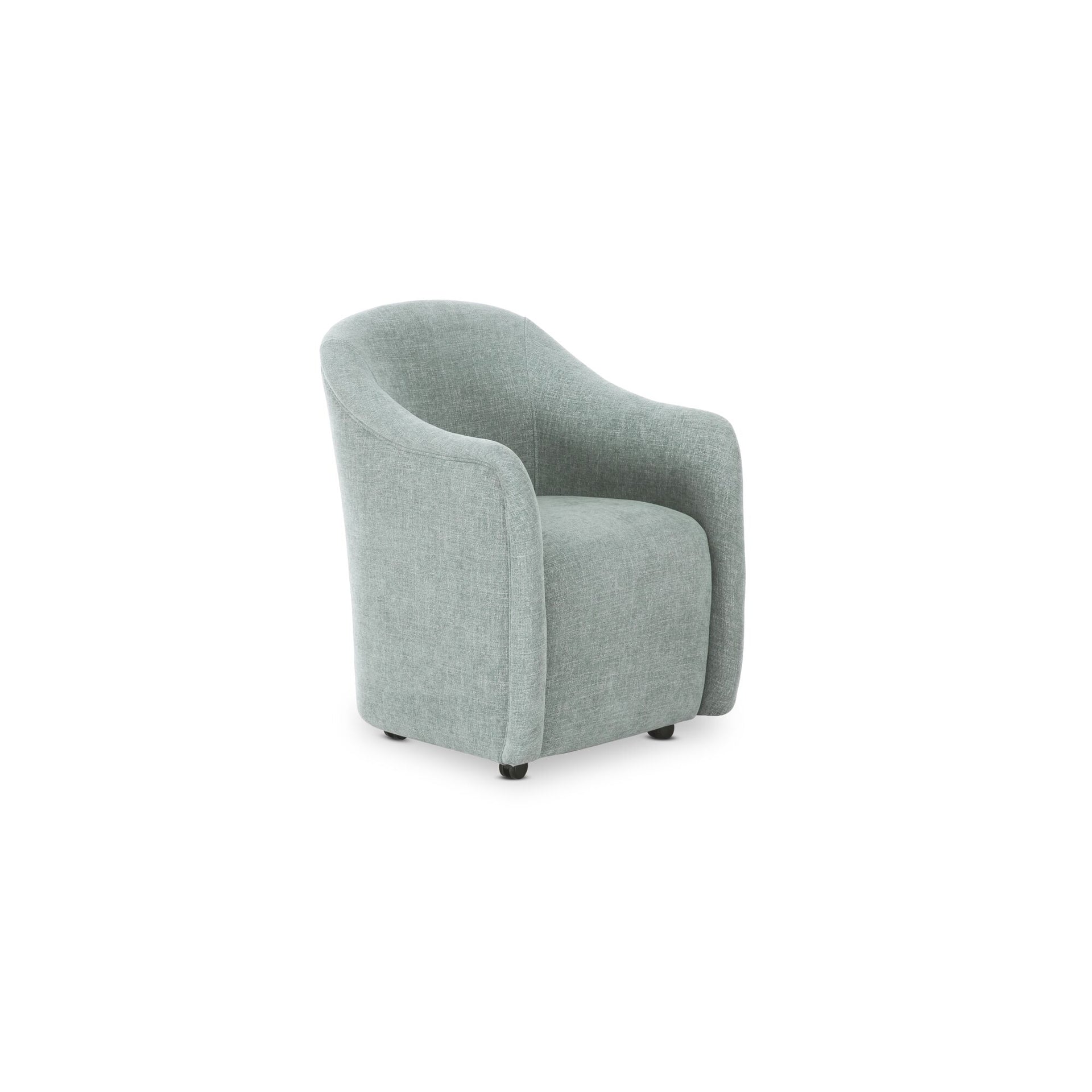 Laken Rolling Dining Chair, Polyester Upholstery, Plywood Frame, Barrel Back, Foam and Fiber Cushion, Light Blue
