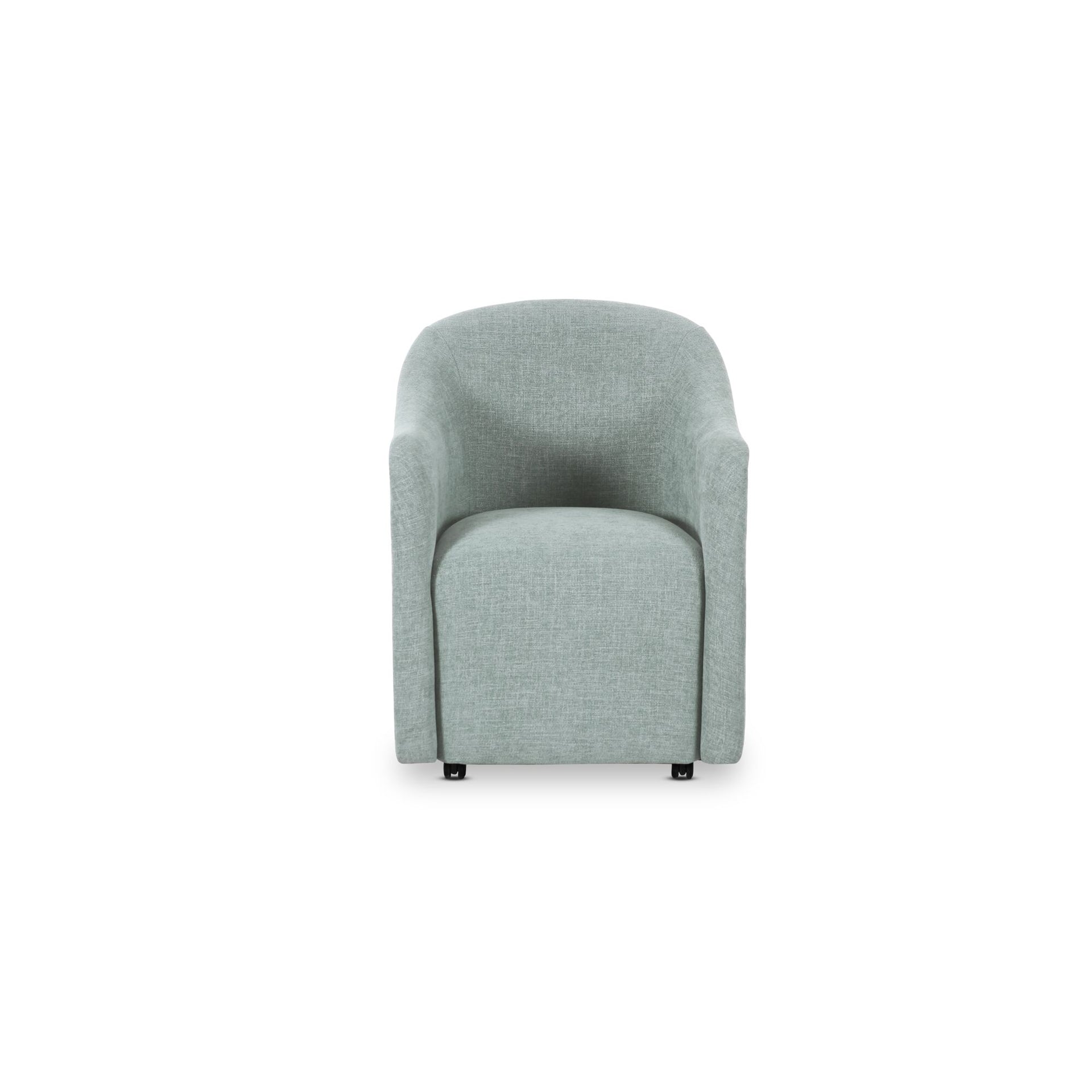 Laken Rolling Dining Chair, Polyester Upholstery, Plywood Frame, Barrel Back, Foam and Fiber Cushion, Light Blue