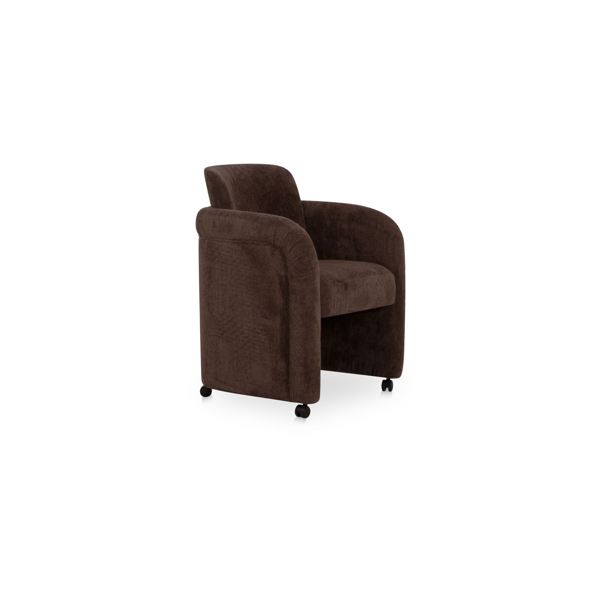 Amara Dining Chair, English Roll with Pleated Details, Polyester Upholstery, Plywood Frame, Dark Brown