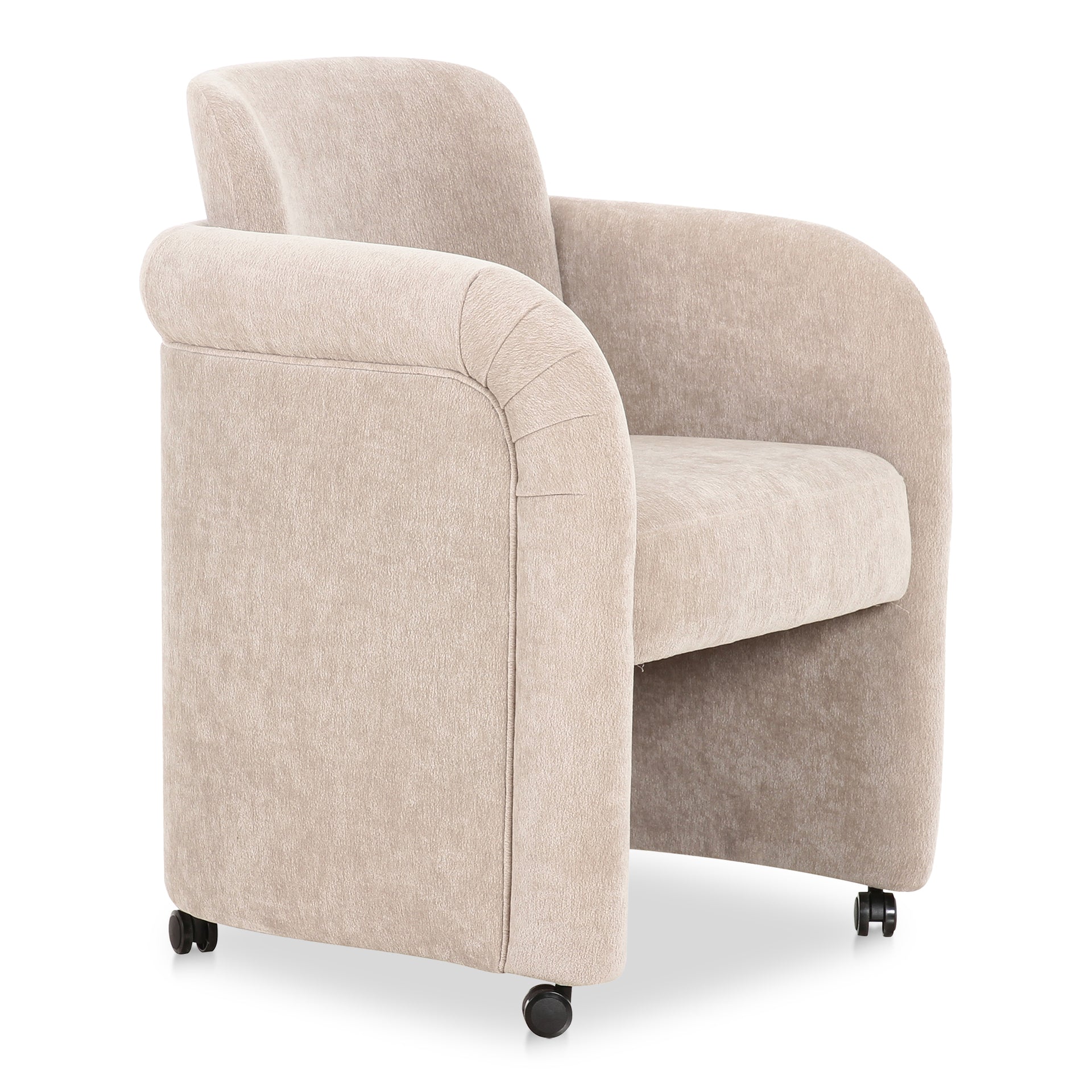 Amara Dining Chair, English Roll with Pleated Details, Polyester Upholstery, Plywood Frame, Taupe