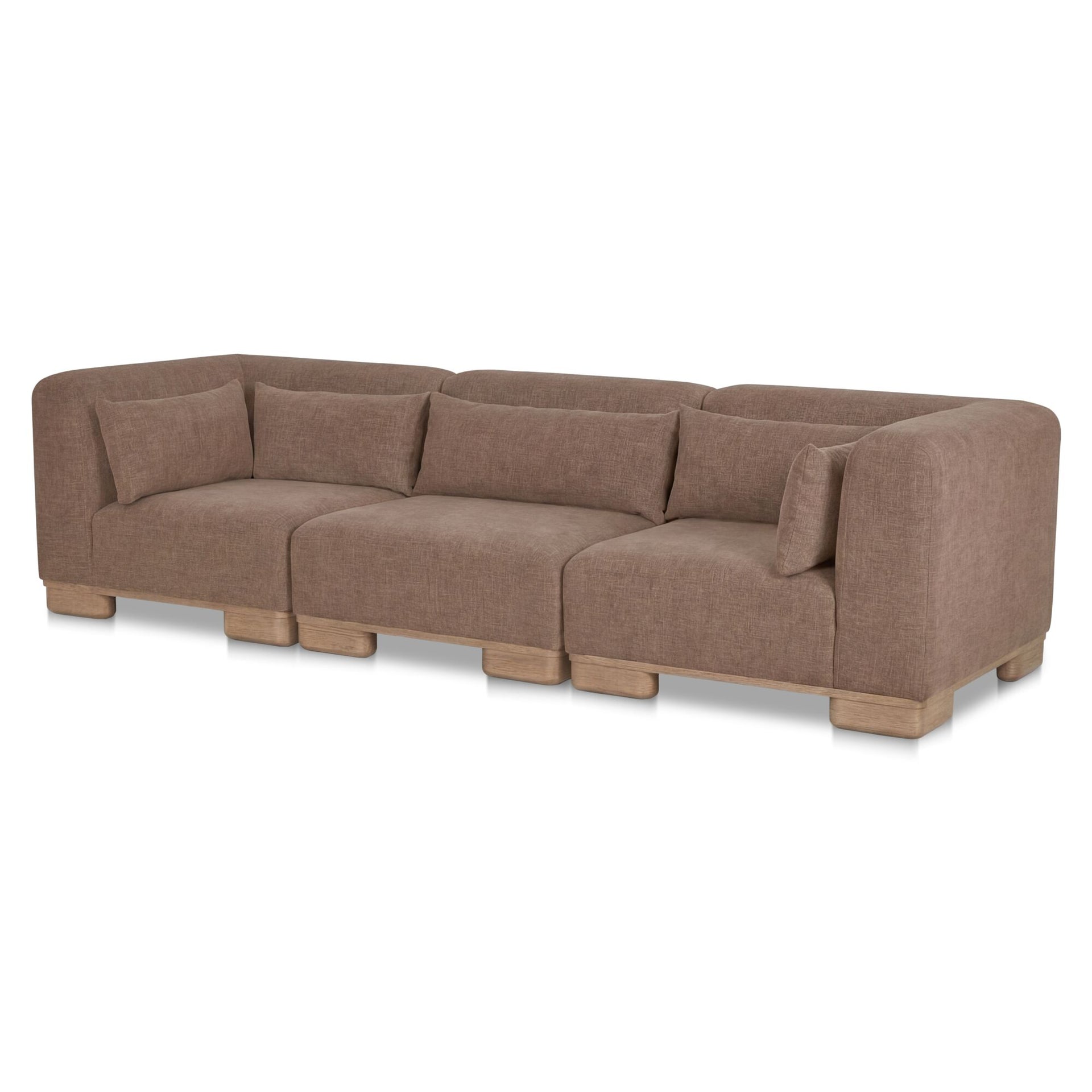 Quinlan Modular Sofa, Polyester Performance Fabric, Oak Veneer Base, Modular Setup, Foam Feather Fiber Fill, Dark Brown