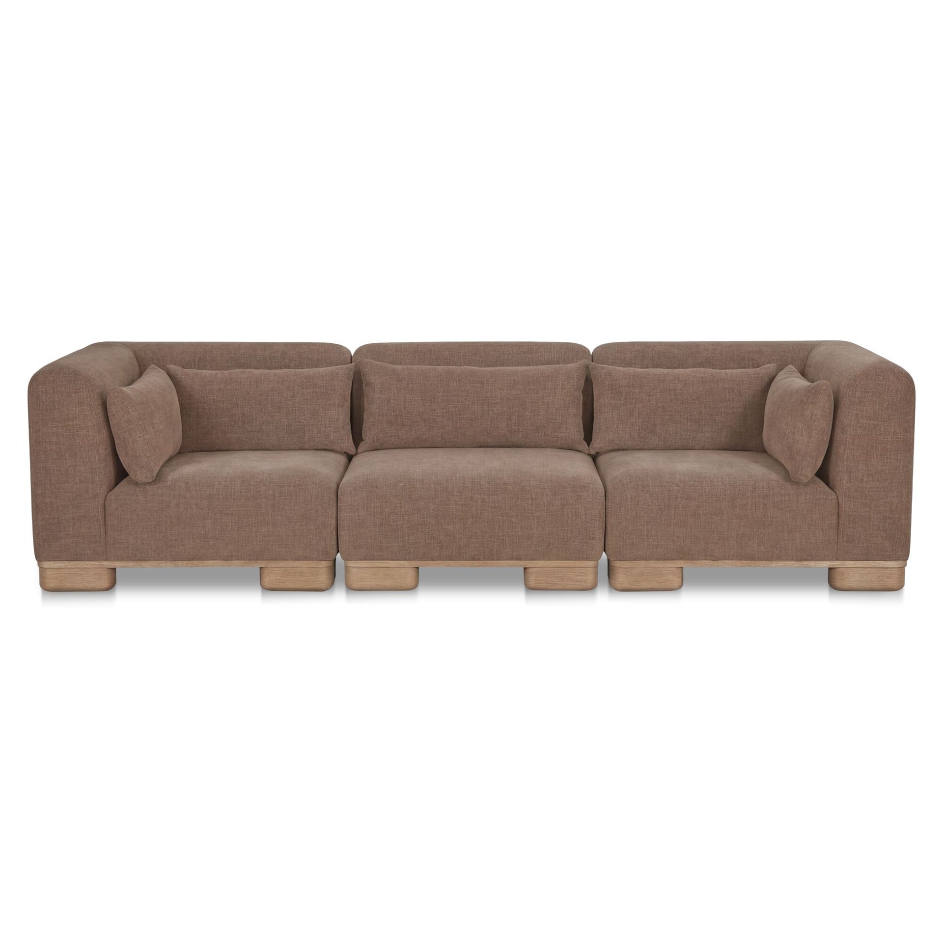 Quinlan Modular Sofa, Polyester Performance Fabric, Oak Veneer Base, Modular Setup, Foam Feather Fiber Fill, Dark Brown