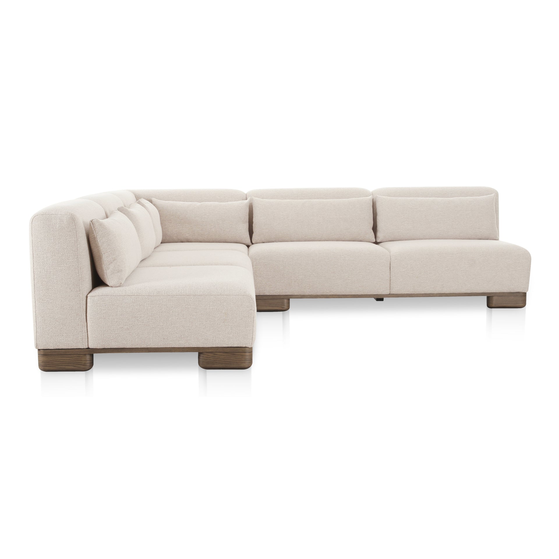 Quinlan Corner Modular Sectional, 6 Seater, Performance Fabric Upholstery, Oak Veneer Base, Oatmeal Beige