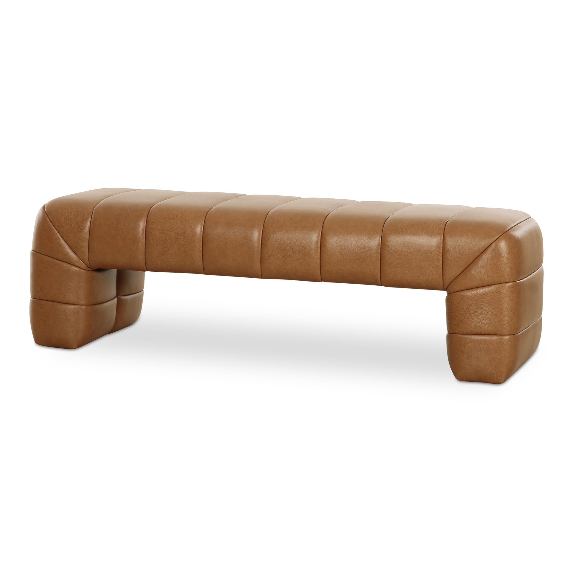 Celestine Bench, Wide Channel Detailing, High-Density Foam Seat, Top-Grain Leather, Tan