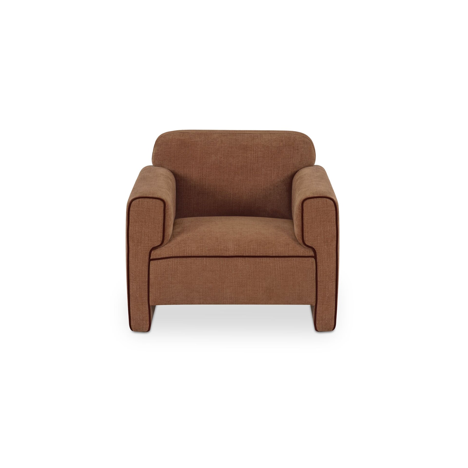 Auden Accent Chair, Polyester Upholstery, Plywood Frame, Inward-Rolled Arms, Contrast Piping, Upholstered Legs, Light Brown
