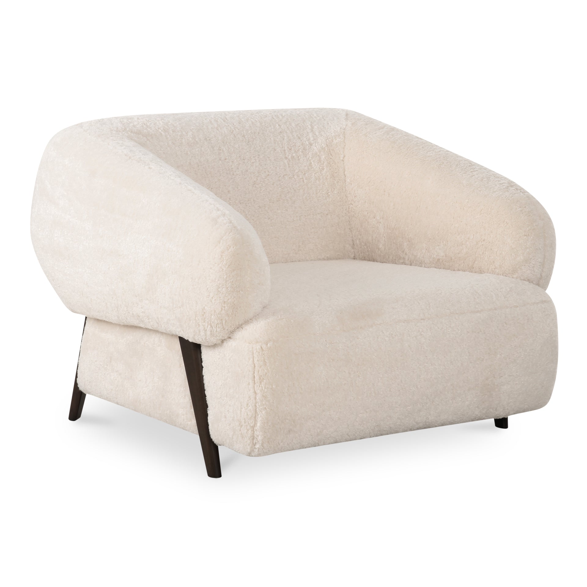 Ismene Lounge Chair, Oversized Seat, Faux Fur Upholstery, Solid Ash Wood Legs, Cream White
