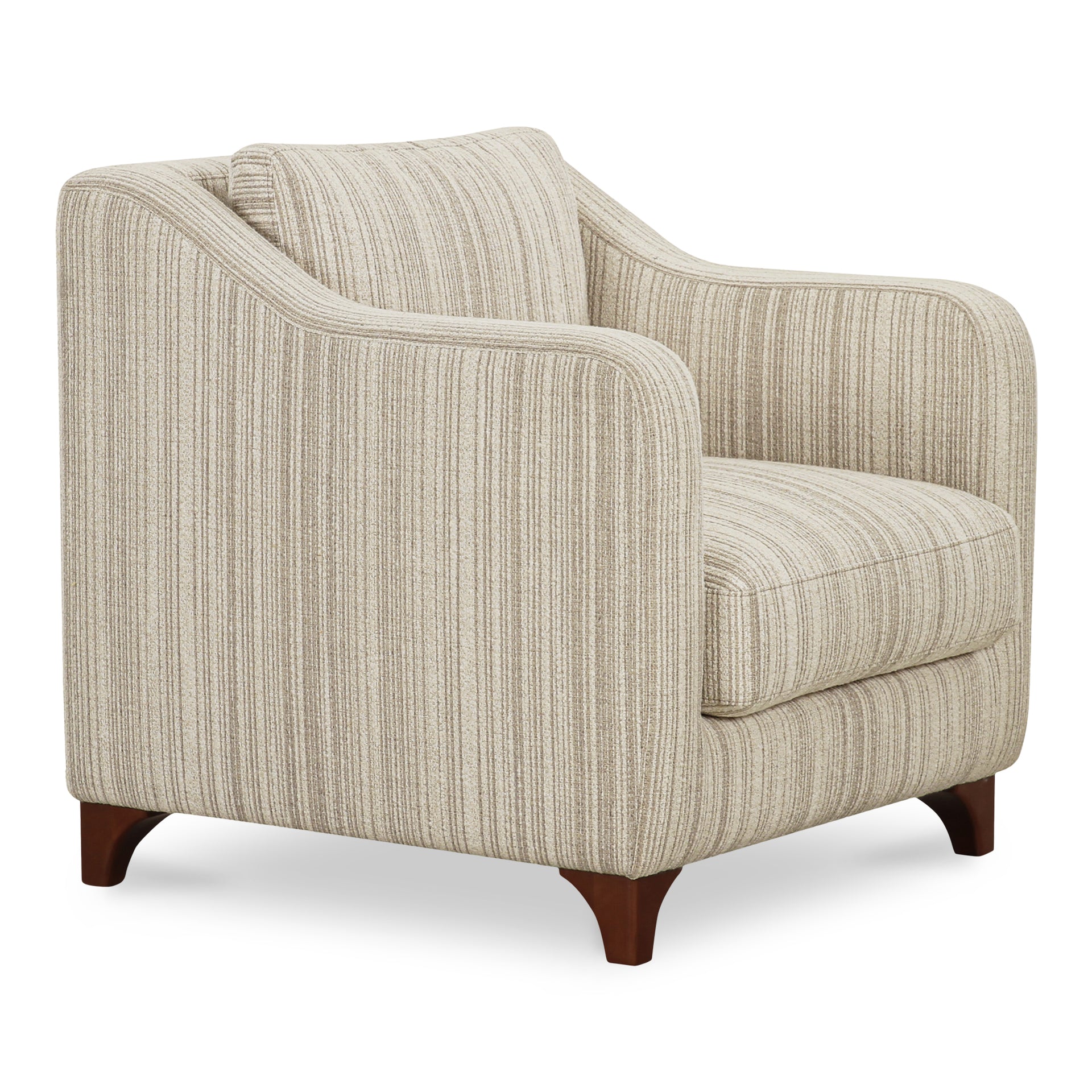 Nocturne Accent Chair, Micro Bouclé Upholstery, Removable Cushions, Curved Birch Legs, Beige Stripe