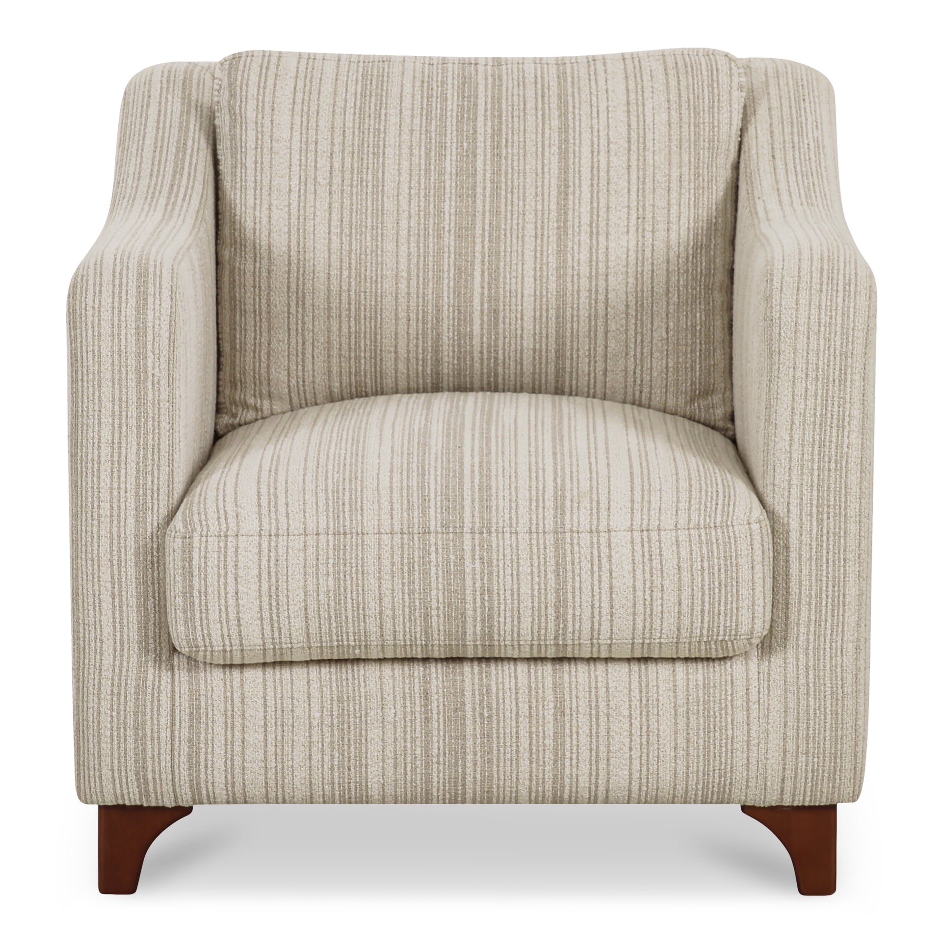 Nocturne Accent Chair, Micro Bouclé Upholstery, Removable Cushions, Curved Birch Legs, Beige Stripe