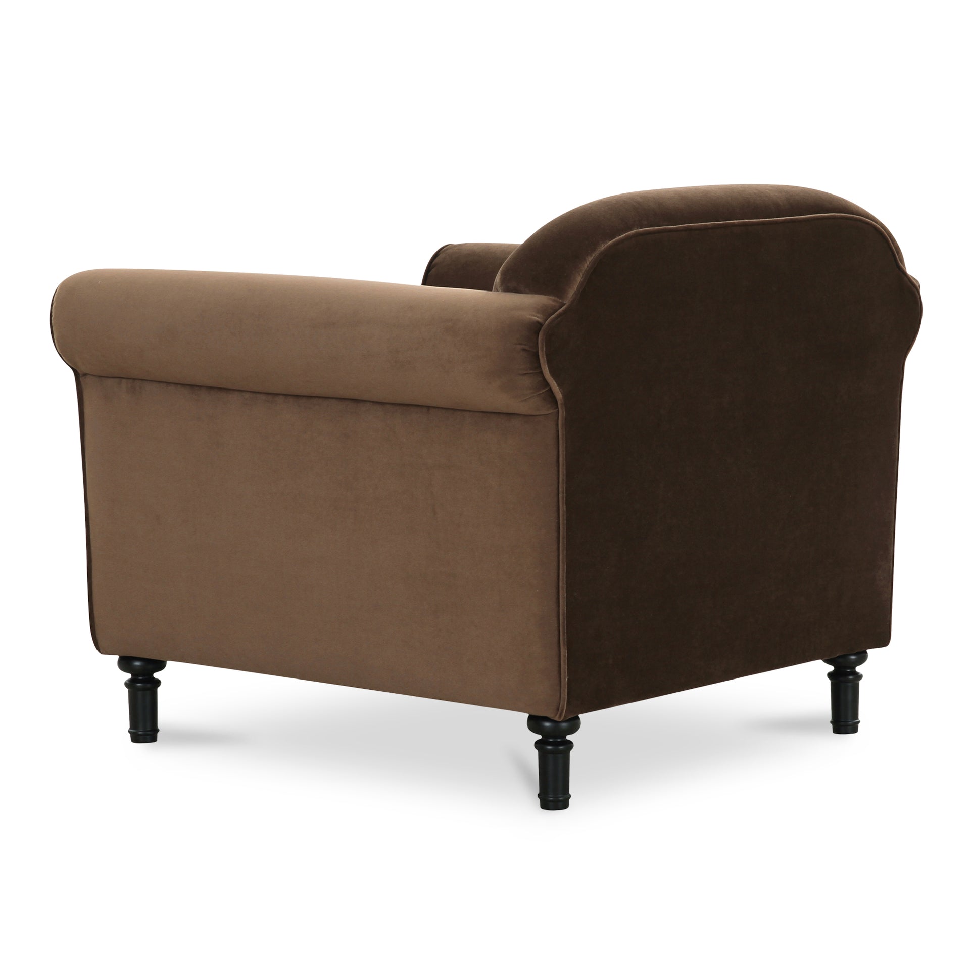 Eulalia Accent Chair, Soft Rolled Arms, Turned Birch Legs, Faux Mohair Velvet, Dark Brown