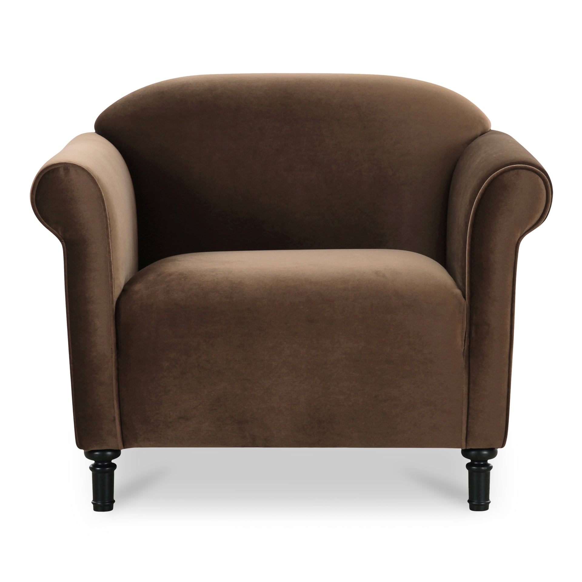 Eulalia Accent Chair, Soft Rolled Arms, Turned Birch Legs, Faux Mohair Velvet, Dark Brown