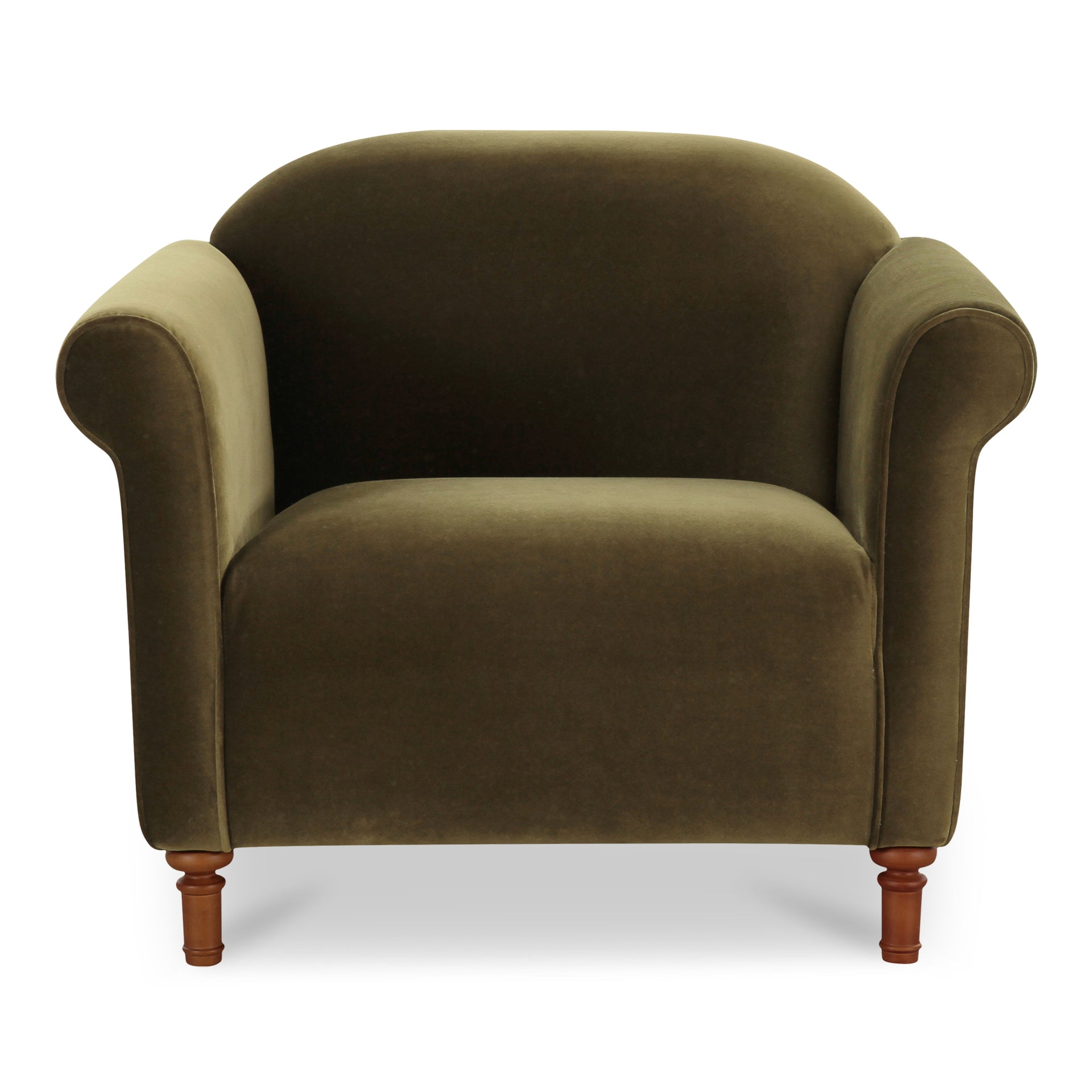 Eulalia Accent Chair, Soft Rolled Arms, Turned Birch Legs, Faux Mohair Velvet, Dark Green