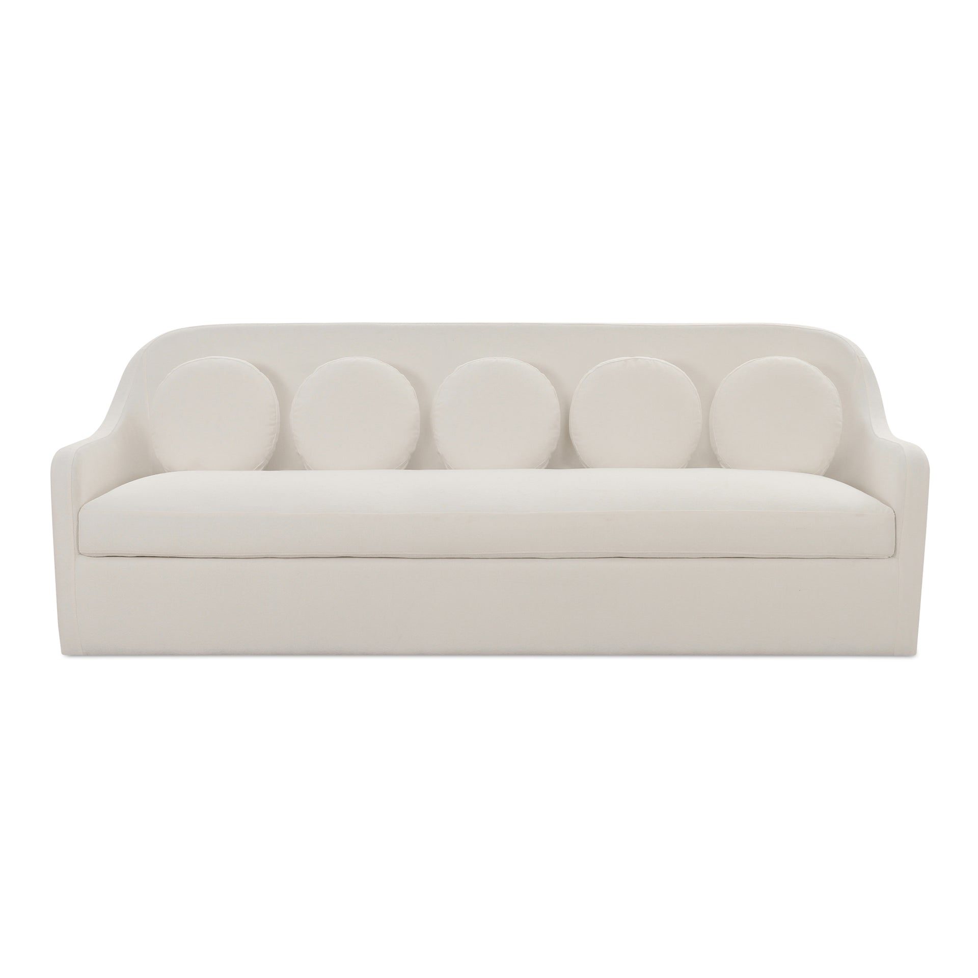 Rivenor Rialto Sofa, High Curved Back, Five Round Toss Cushions, White Performance Upholstery