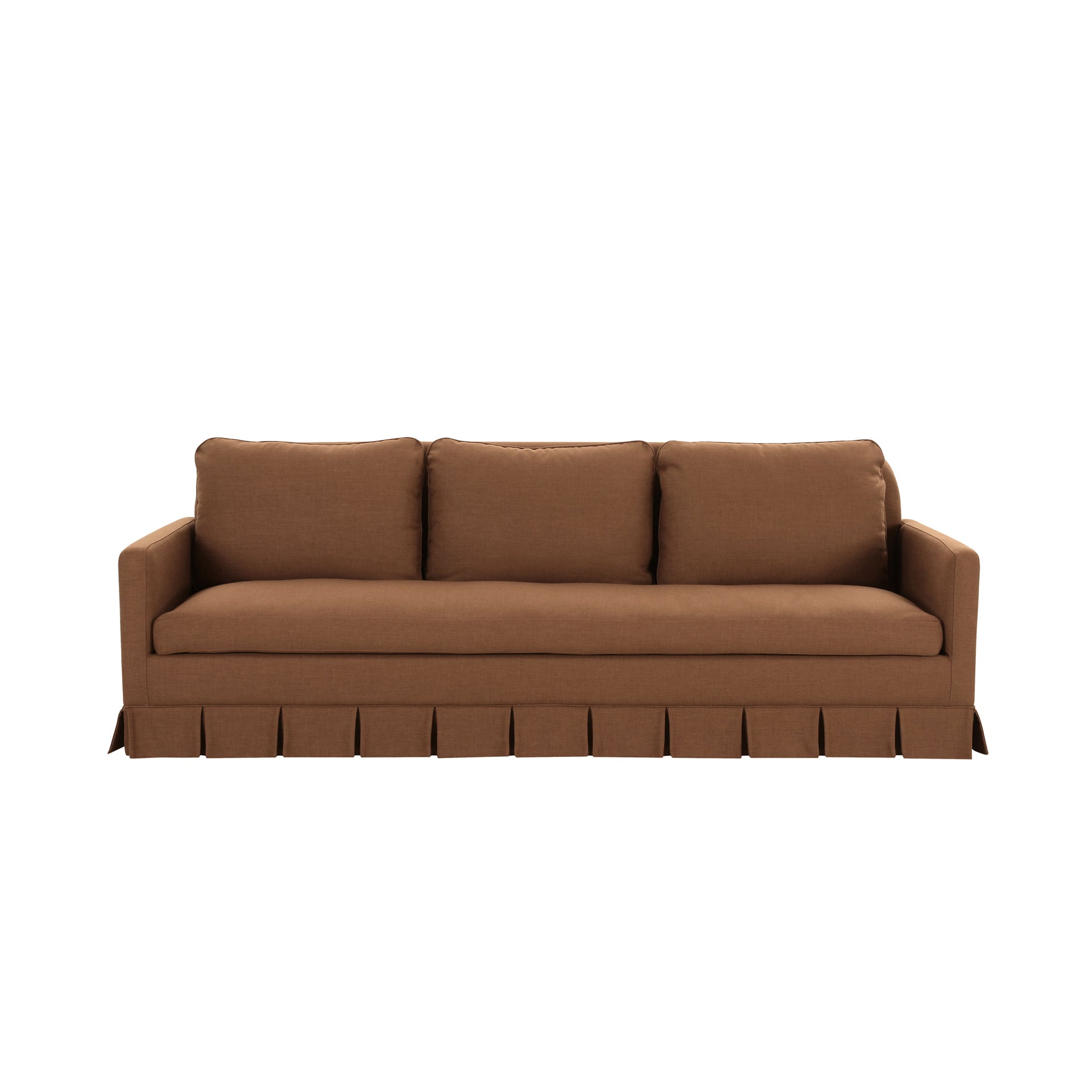 Norex Pellicano Sofa, Box Pleat Skirt, Performance Linen Blend, Feather-Filled Cushions, Terracotta