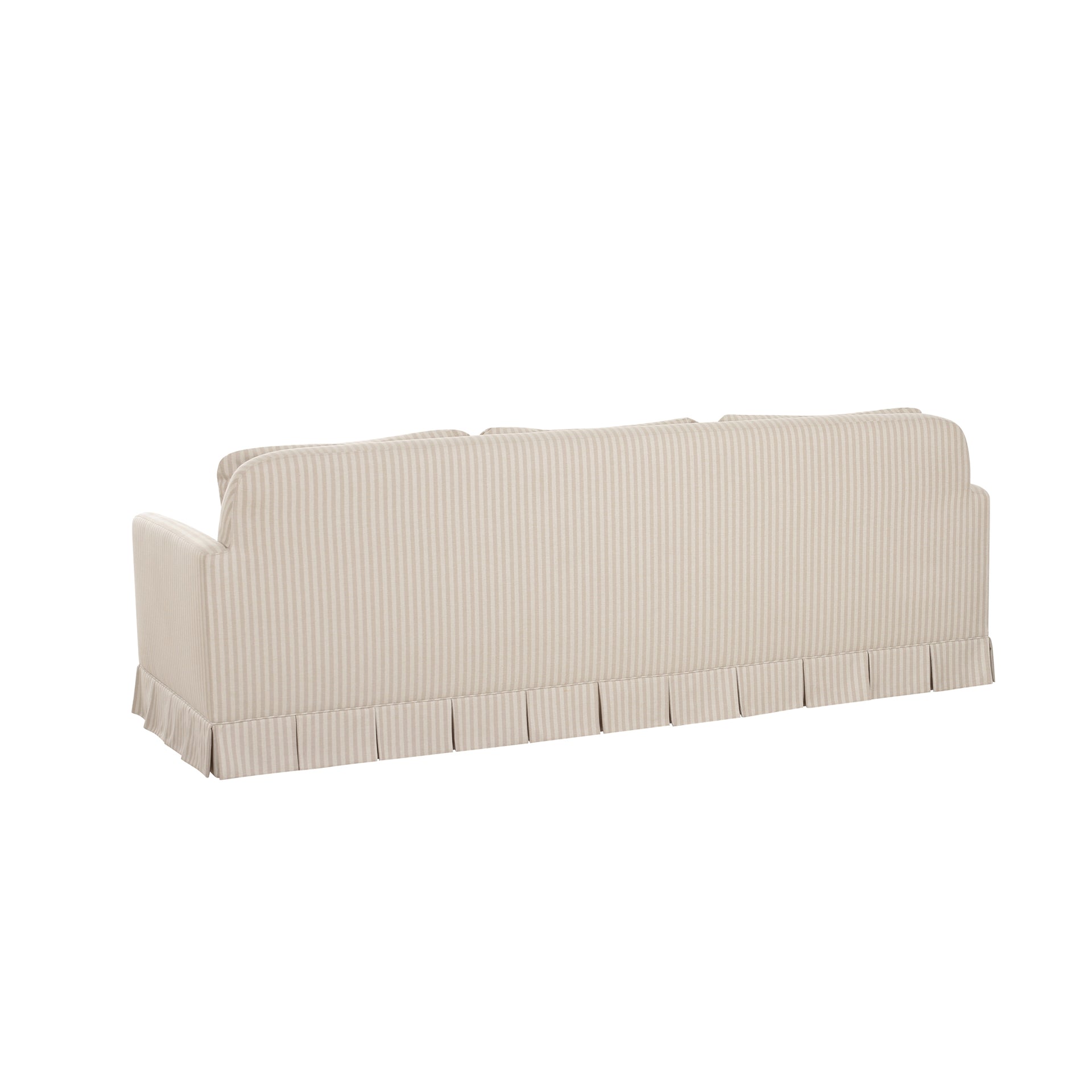 Norex Sofa, Box Pleat Skirt and Track Arms, Performance Polyester Upholstery, Beige Stripe