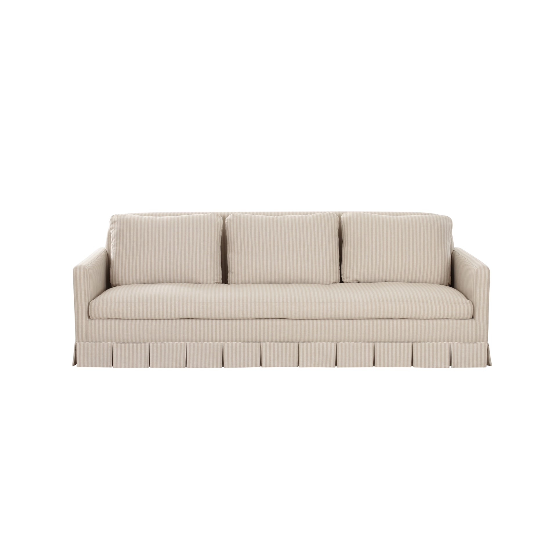 Norex Sofa, Box Pleat Skirt and Track Arms, Performance Polyester Upholstery, Beige Stripe