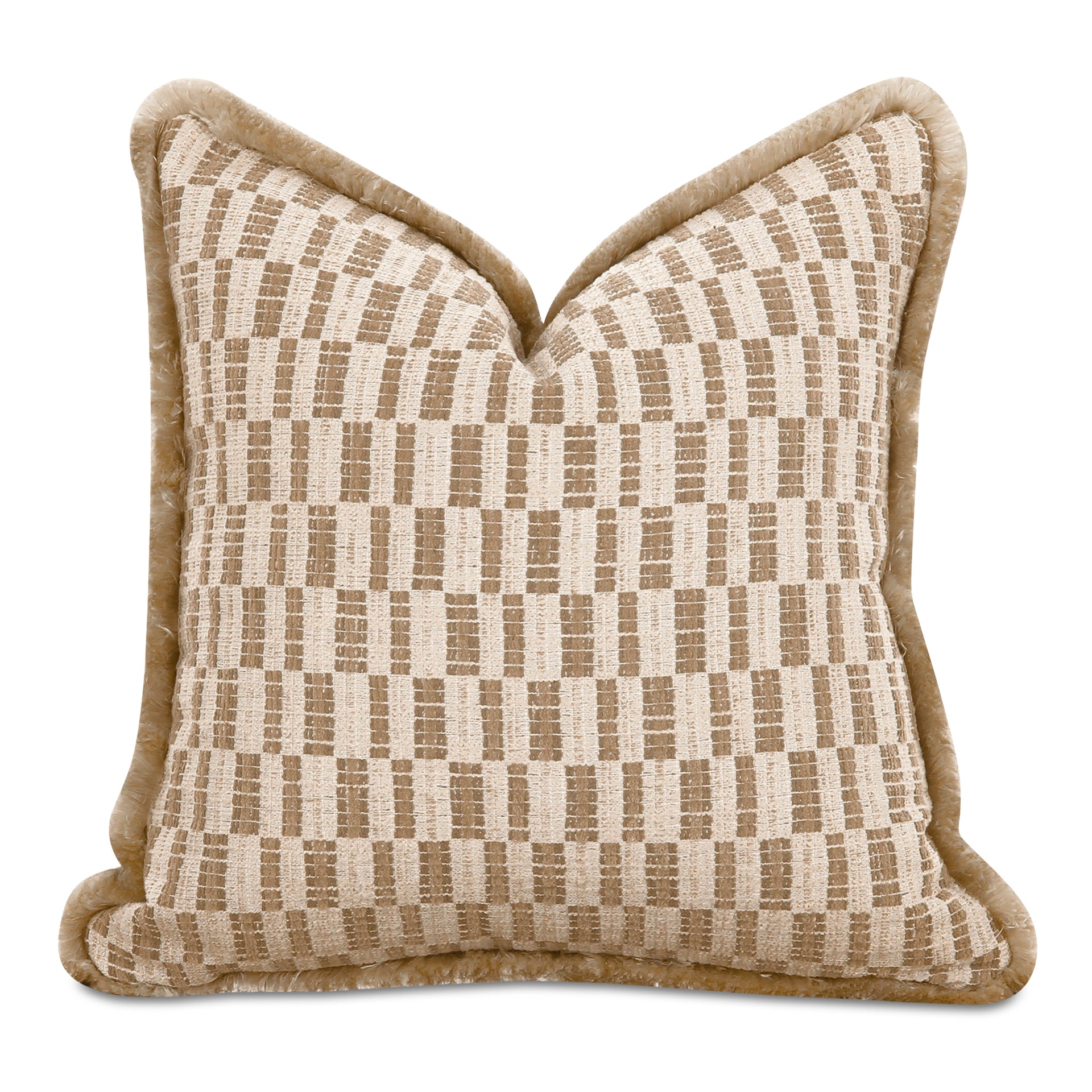 Briony Throw Pillow, Geometric Pattern with Dense Fringe Square, Taupe