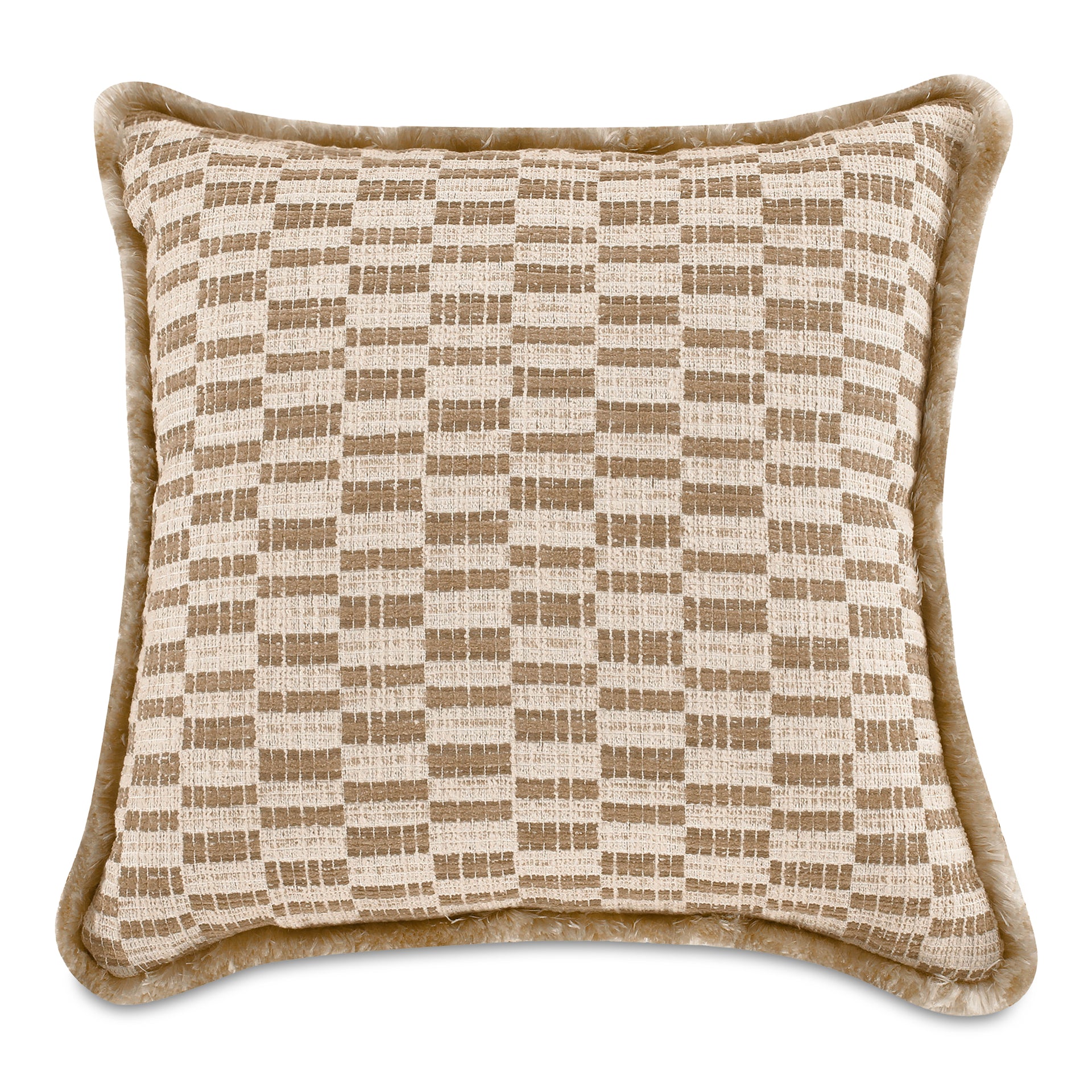 Briony Throw Pillow, Geometric Pattern with Dense Fringe Square, Taupe
