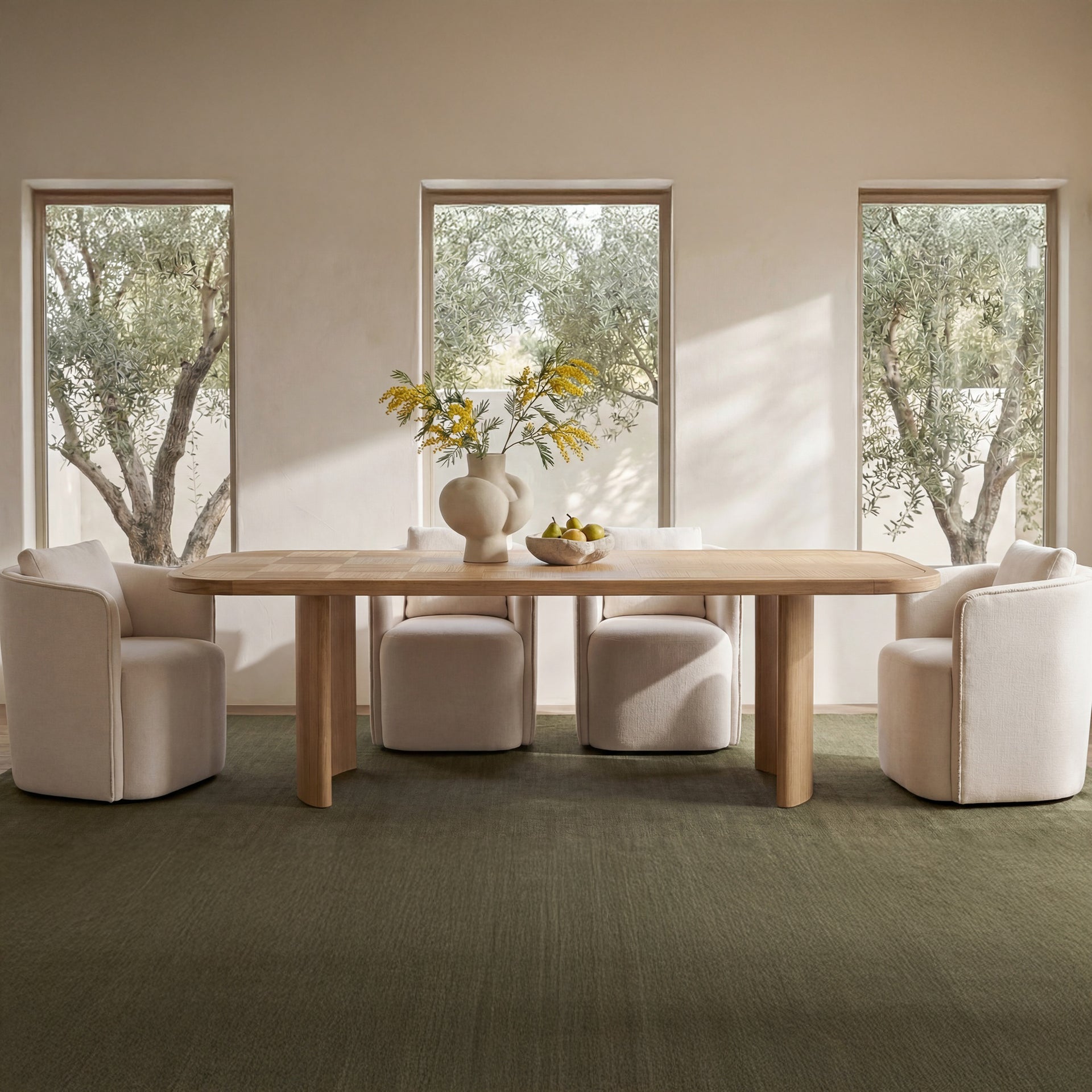 Cosimo Dining Chair, Polyester Fabric, Cotton Cord Trim, Foam-and-Fiber Fill, 360 Swivel Base, Warm White