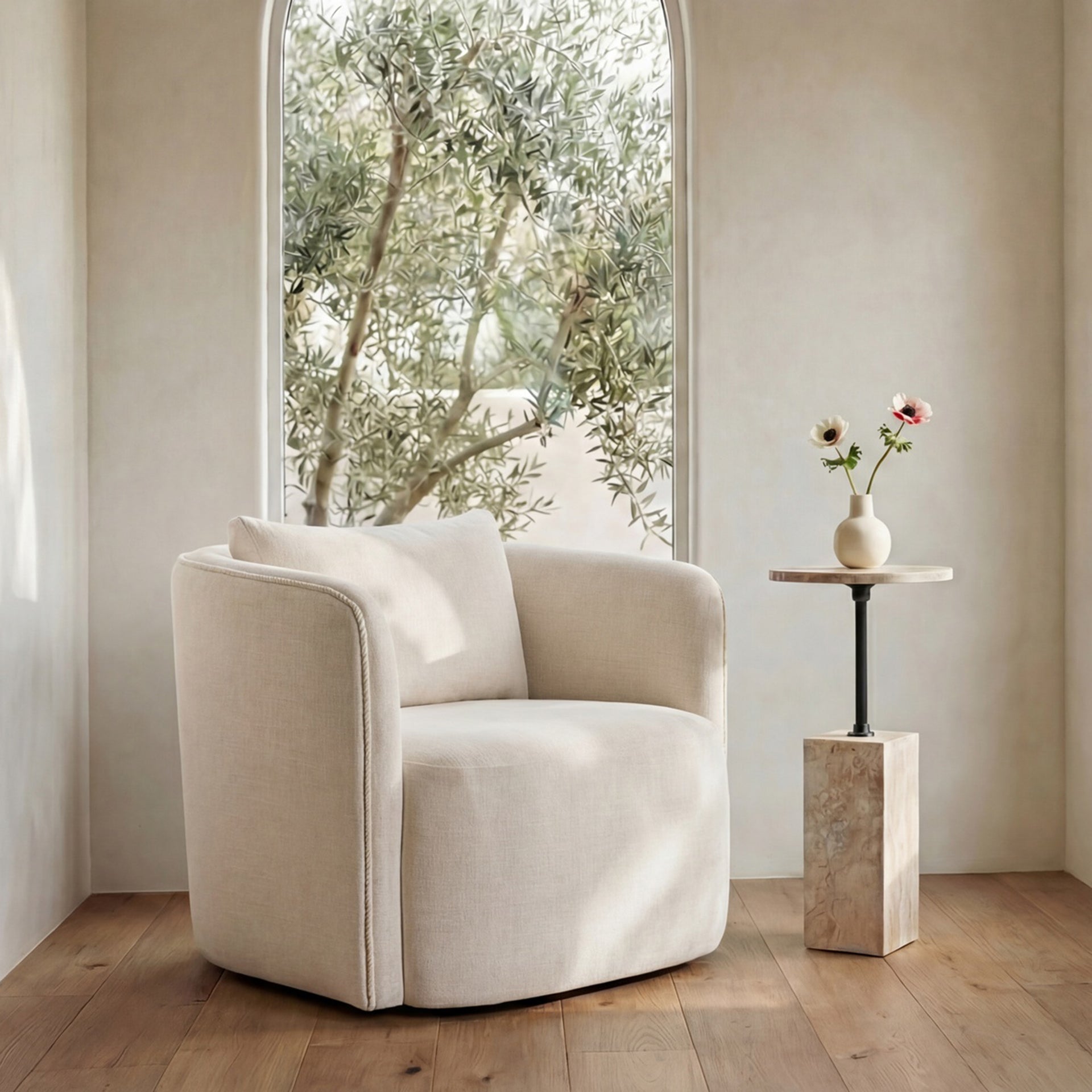 Cosimo Accent Chair, Tailored Silhouette, Micro-Textured Polyester, Cotton Cord Piping, 360-Degree Swivel, Warm White
