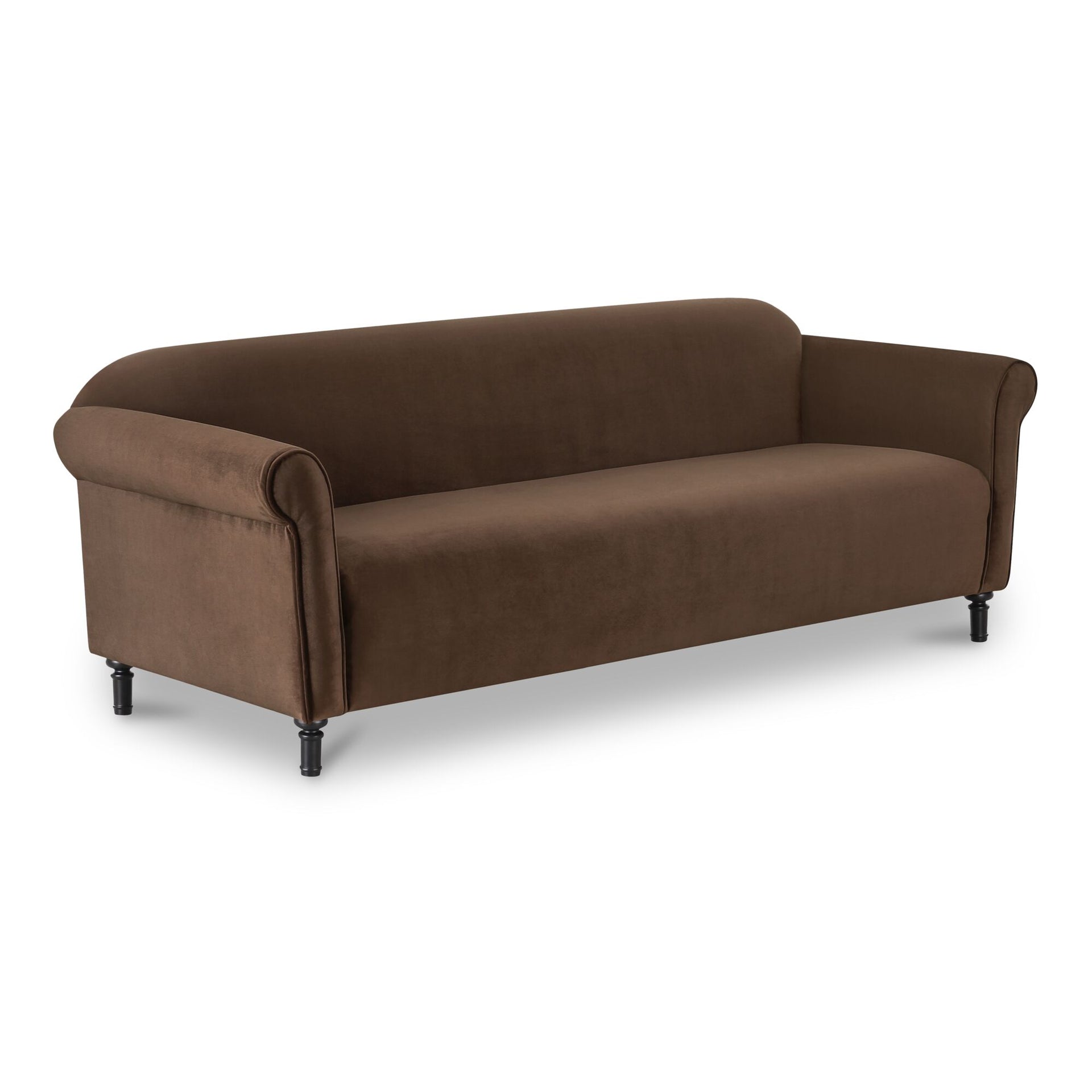 Eulalia Sofa, Polyester Faux Mohair, Plywood Frame, Birch Legs, Rolled Arms, S-Spring Suspension, Foam and Fiber Fill, Dark Brown