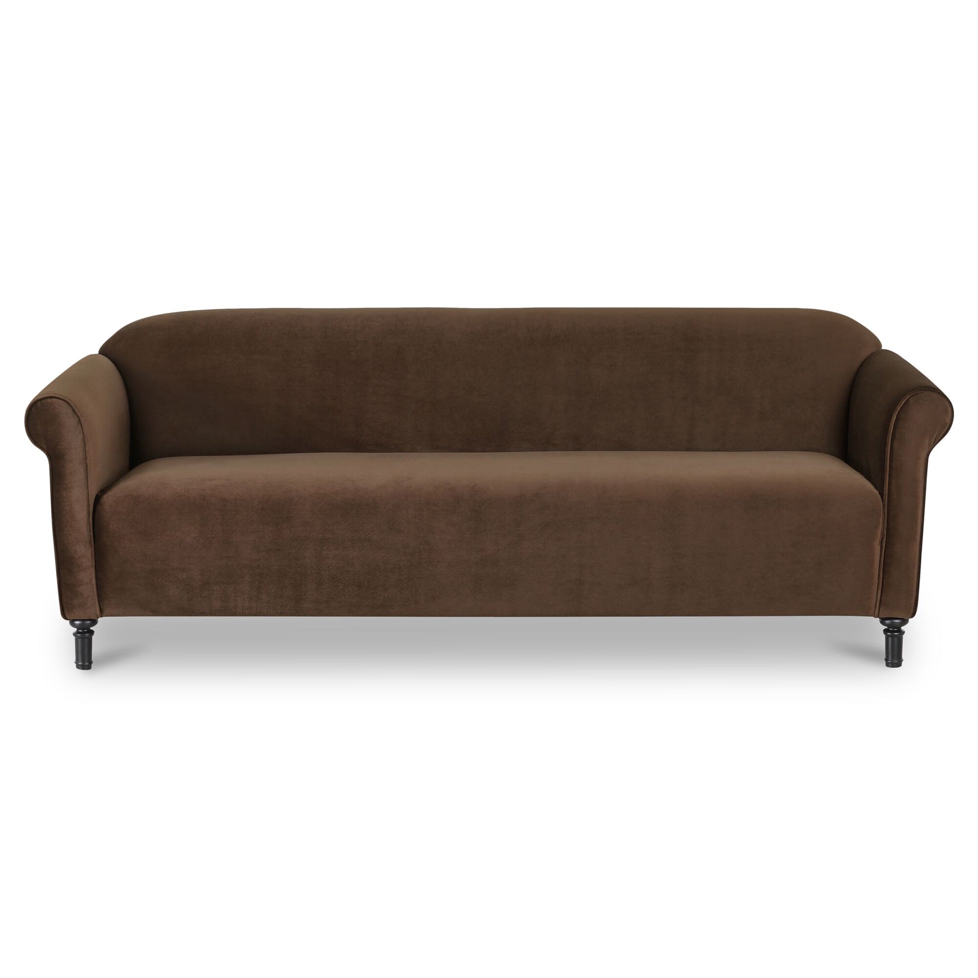 Eulalia Sofa, Polyester Faux Mohair, Plywood Frame, Birch Legs, Rolled Arms, S-Spring Suspension, Foam and Fiber Fill, Dark Brown