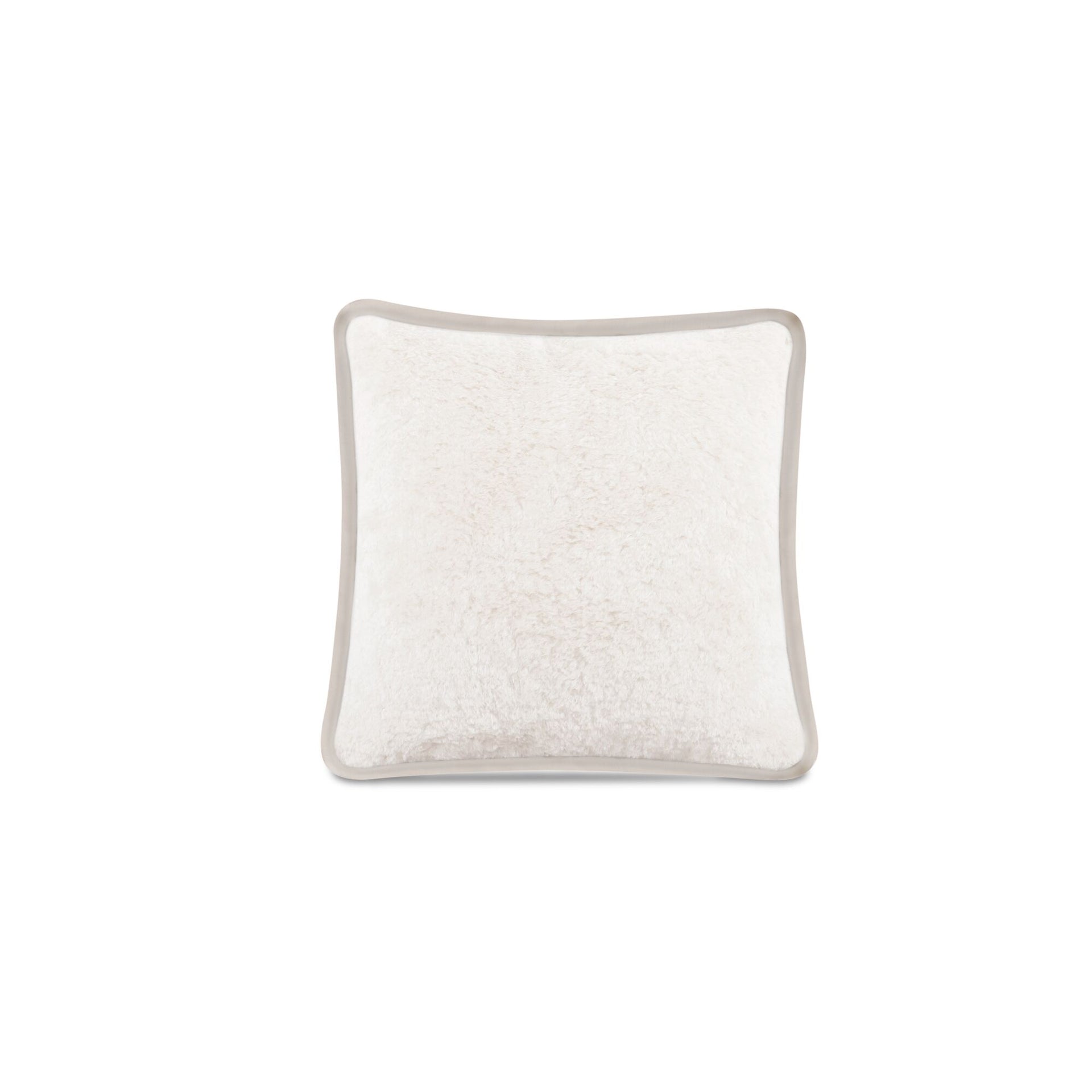 Leandro Pillow, Polyester Faux Fur, Leather Trim, Feather-and-Fiber Insert, Plush Short-Pile, Cream