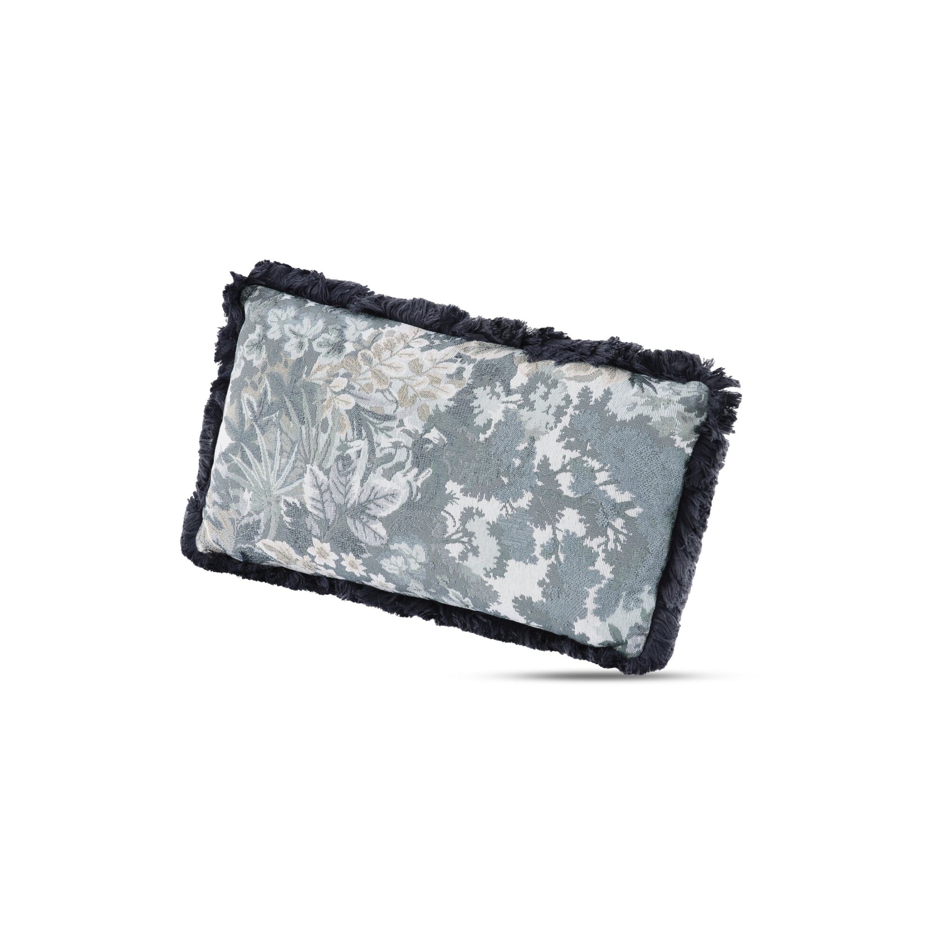 Embry Lumbar Pillow, Polyester Tapestry, Polyester Fringe Trim, Feather and Fiber Insert, Heritage Floral Print, Blue